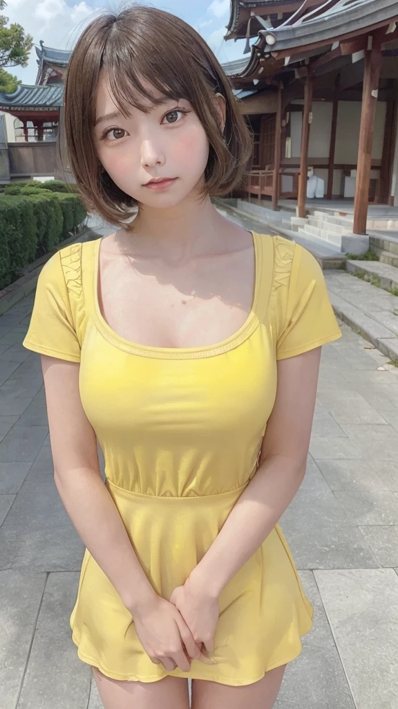 (8k, RAW Photo, Best Quality, Masterpiece: 1.3), breakone girl, (a beauty girl, delicate girl:1.3), (21 years old:1.5), break, (Yellow short sleeve dress:1.5), break, Extremely fine grain definition, (Symmetrical eyes:1.3), break, Small breasts, Brown eyes, Parted bangs, Brown Hair, girl, break, (Eye and facial details:1.3),break,smile,With Hasedera Temple in the background,With Hasedera Temple in the background,With Hasedera Temple in the background,With Hasedera Temple in the background