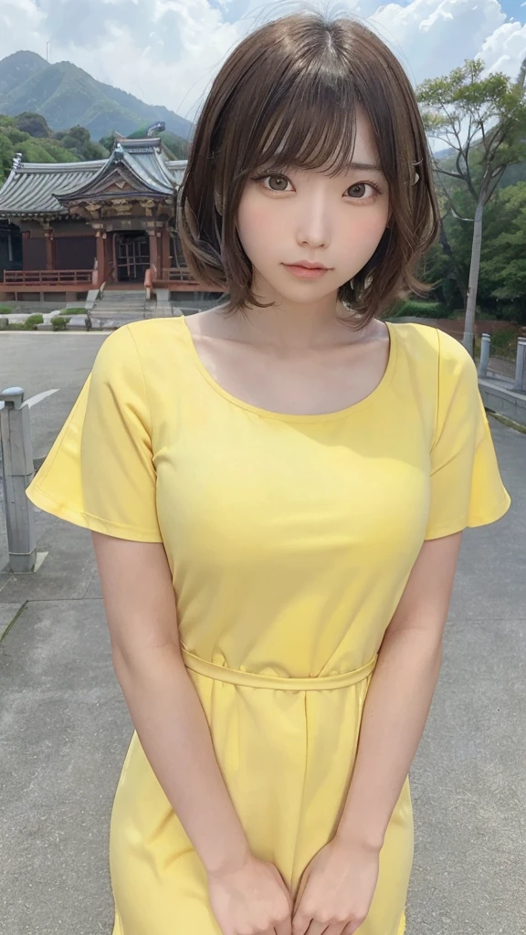 (8k, RAW Photo, Best Quality, Masterpiece: 1.3), breakone girl, (a beauty girl, delicate girl:1.3), (21 years old:1.5), break, (Yellow short sleeve dress:1.5), break, Extremely fine grain definition, (Symmetrical eyes:1.3), break, Small breasts, Brown eyes, Parted bangs, Brown Hair, girl, break, (Eye and facial details:1.3),break,smile,With Hasedera Temple in the background,With Hasedera Temple in the background,With Hasedera Temple in the background,With Hasedera Temple in the background