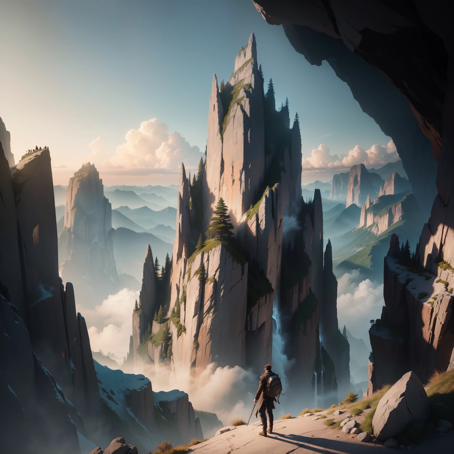 Man elegantly navigating a narrow crevice nestled between two colossal, meticulously carved mountains, the intricately textured cliff faces looming over him. Sunlight penetrates the cragged openings, casting long, dramatic shadows that dance on the man's agile form. This exquisite digital rendering exhibits the highest quality of detail, suitable for a stunning CG Unity 8k wallpaper. This breathtaking mountain landscape is a masterpiece of digital art, currently trending on CGsociety and ArtStation. The scene boasts high contrast lighting, enlivening the richly hued environment with vibrant colors. Chromatic Aberration adds a dynamic