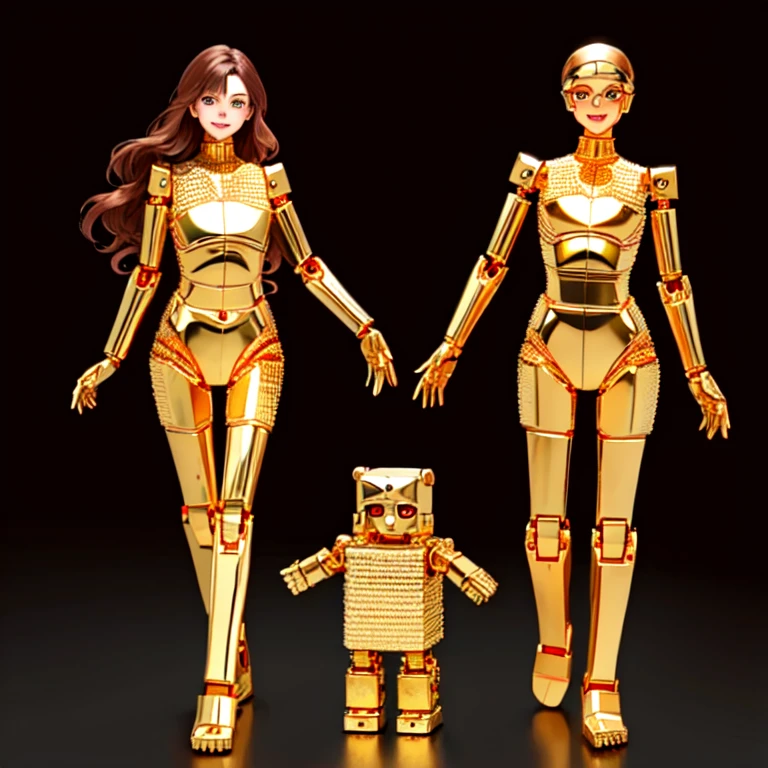 all female robots,
Brown Hair,
Wavy Hair,
Hazel Eyes,
Very detailed,
smile,
Everyone is a machine except for their faces.,
All have mechanical limbs,
No clothes for everyone,
All exposed internal skeletons,
All gold frames,
Full Body Shot,