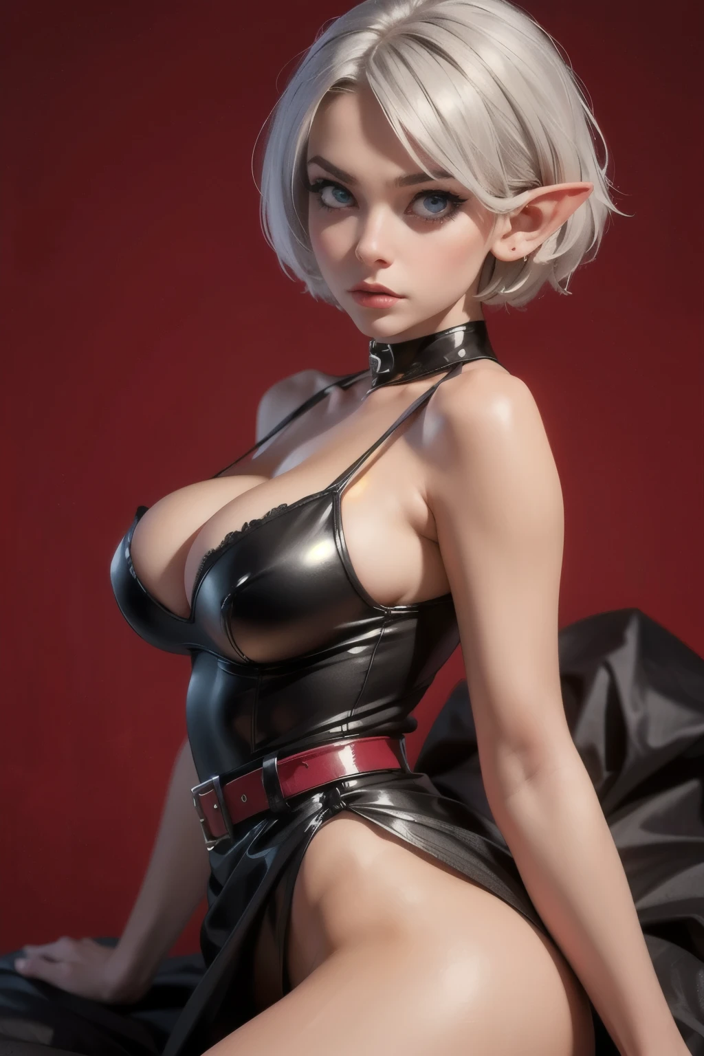 ((2B)),((Elf)),((masterpiece)), ((best quality)), perfect, solo, huge breast, deep cleavage, lying down, ultra HD, realistic Adult woman, woman (30 years old), short silver hair, red maroon eyes contact, wearing Black dress, realistic, beauty of goddess, gigantic breast, stare eyes, no expression, bold make-up, red background, realistic woman , blue eye ,Big butt