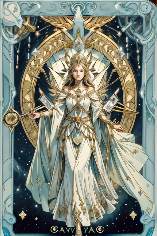 (Best image quality),(Very detailed explanation),One girl,Crown on head,Dressed in ancient fairy costume,Scepter in hand,(Full Body Lesbian),(Very perfect body structure),(Extremely detailed and flawless facial depiction),(Extremely detailed facial features),青いstar空,(Very large moon close up),The moonlight shines through the clouds,star(Sparkling),clothing(Glittering), (The image is surrounded by a tarot card-style frame.:1.5),(masterpiece),(Great results),(8k wallpaper),(Photography Award),myth,fantasy theme,Surreal Realism,Realistically