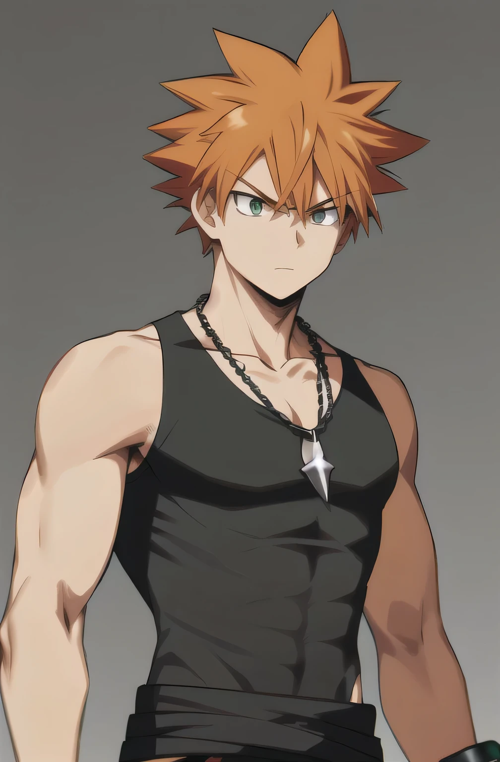 Pokémon anime style, 1boy, bare shoulders, black tank top, orange hair, blurred background, highres, looking away, male focus, muscular, muscular male, green eyes, tan skin, short hair, spiked hair, tank top, military chain dogtags on the neck and Sword inside the sheath at the waist