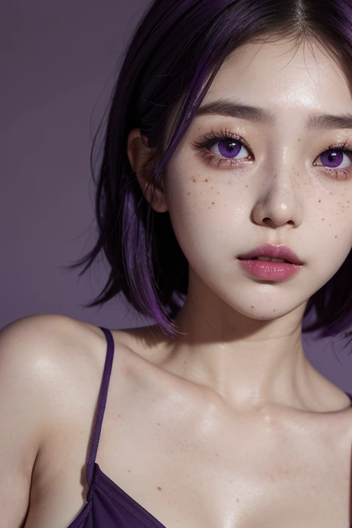 1 girl, south korean, masterpiece, perfect face, freckles under eyes, short whavy purple hair, side hair, shining purple eyes, purple eyeliners, red lips, natural makeup, white top, minimalistic background, sundown, closeup.