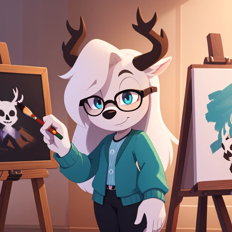 wendigo mobian, white hair, long hair, glasses, brown stag horns, aqua eyes, 4k, blue cardigan, white ears, easel, paintbrush
