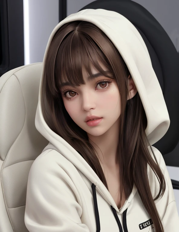 G is, One Girl, Detailed skin, View your viewers, Brown eyes, (Medium hair with bangs:1.2), (Medium Chest:1.0), (Central areola:0.8), 
(Realistic:1.4), (highest quality:1.0), (Ultra-high resolution:1.0), 8k, RAW Photos, (masterpiece:0.2), (Pyros Face_v1:0.5), White hoodie, Gaming Chair, headphone, Young and pretty girl,Geeky, Thin eyebrows