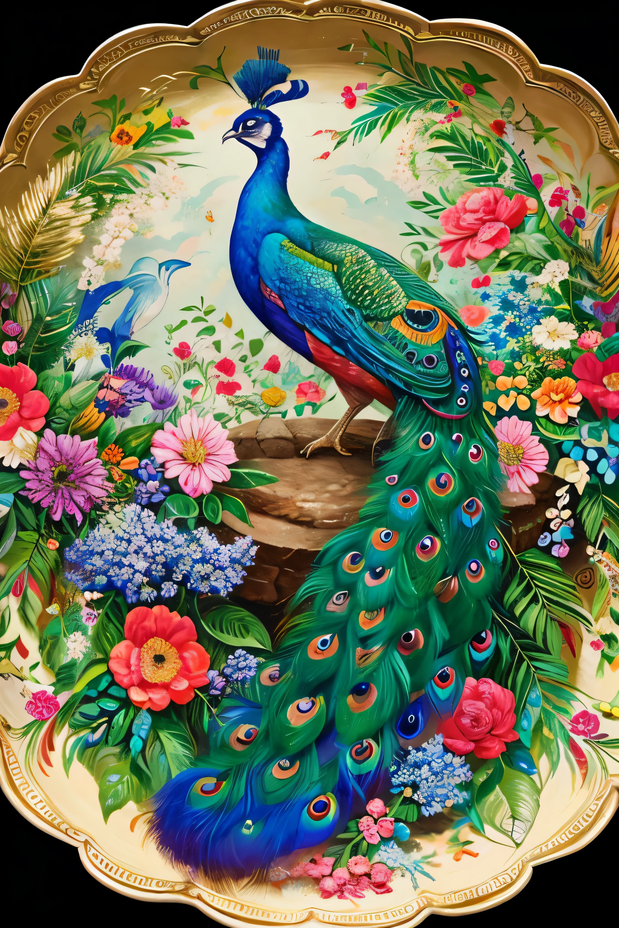 Peacocks are sitting on a plate with flowers and leaves, highly Complex and colorful, Colourful and detailed, Peacock. Complex, colorful Complex masterpiece, Complex colorful masterpiece, beautiful Complex painting, Highly detailed and colorful, 4K Highly Detailed Art, dragon Peacock. Complex, Beautiful details and colors, Complex details painting, Complex fantasy painting