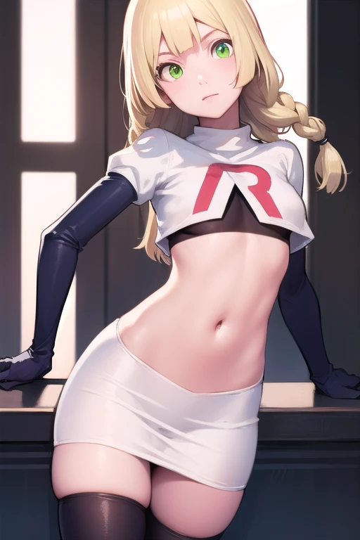 pokemonlilie, pokemonlilie, blonde hair, blunt bangs, (green eyes:1.5), long hair, (small breasts:1.2),
BREAK braid, twin braids, team rocket,team rocket uniform,white skirt,red letter R,crop top,black thigh-highs,black elbow gloves
BREAK looking at viewer,
BREAK (masterpiece:1.2), best quality, high resolution, unity 8k wallpaper, (illustration:0.8), (beautiful detailed eyes:1.6), extremely detailed face, perfect lighting, extremely detailed CG, (perfect hands, perfect anatomy),