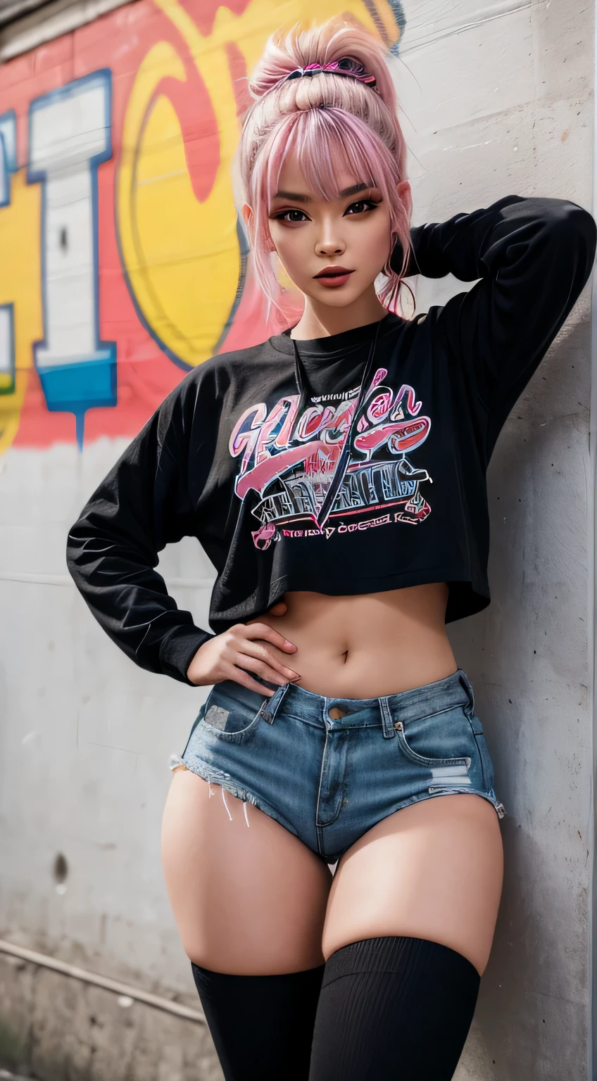 best quality, Clarity, 4k, 8k, detail, actual, Beautiful Girl, Korean makeup, black lips, pink and blue medium mullet hair, Perfect six pack body, full tattoo on body, stand, pose standing, , street wear and underPants, Solid graffiti wall background, Graffiti art,