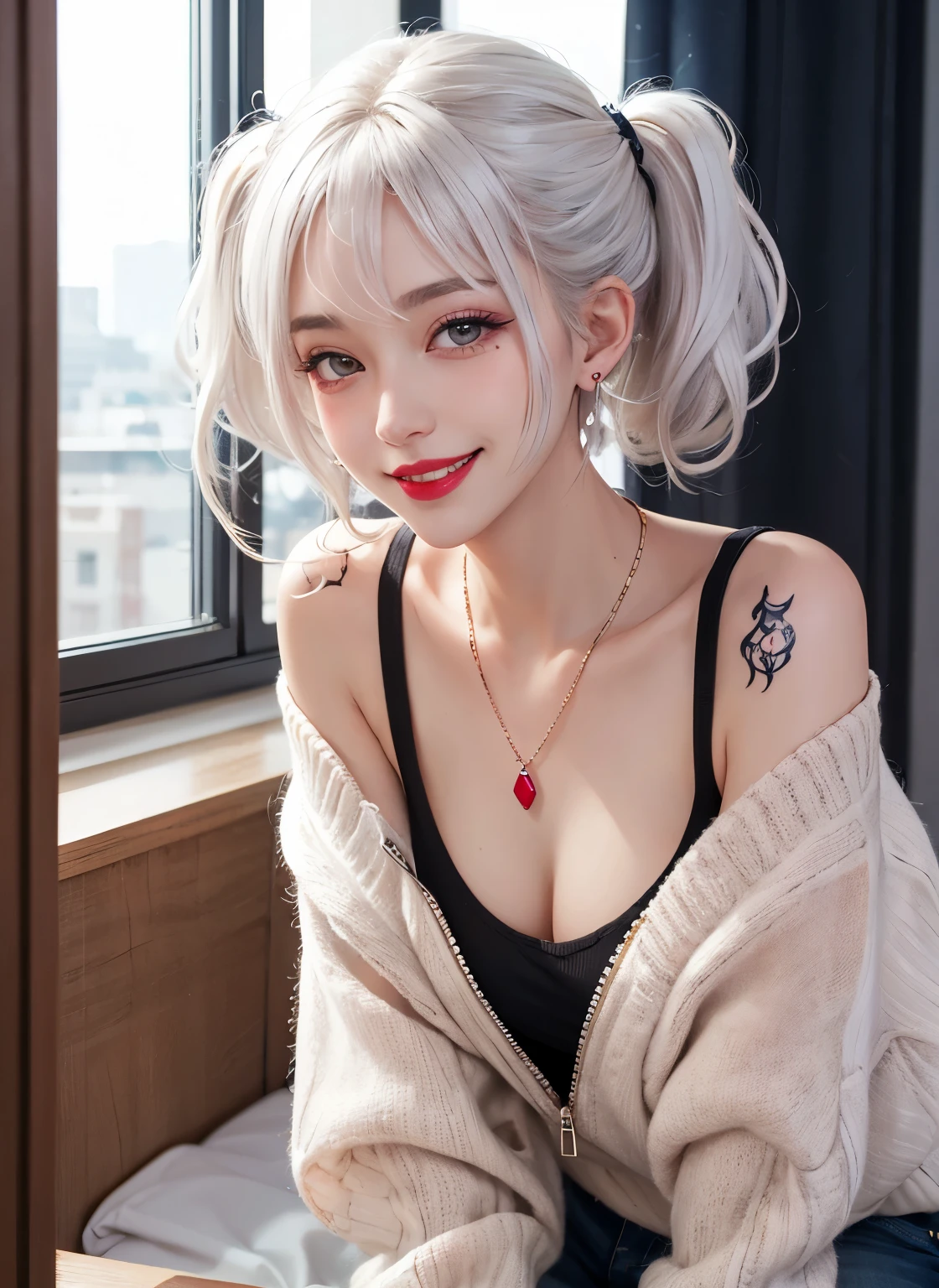 woman, masterpiece, white hair, best quality, indoors,shy, grin, messy twintails, makeup, dynamic pose, blush, black shirt, unzipped white sweater, blush, earrings, ruby necklace, breasts, lipstick