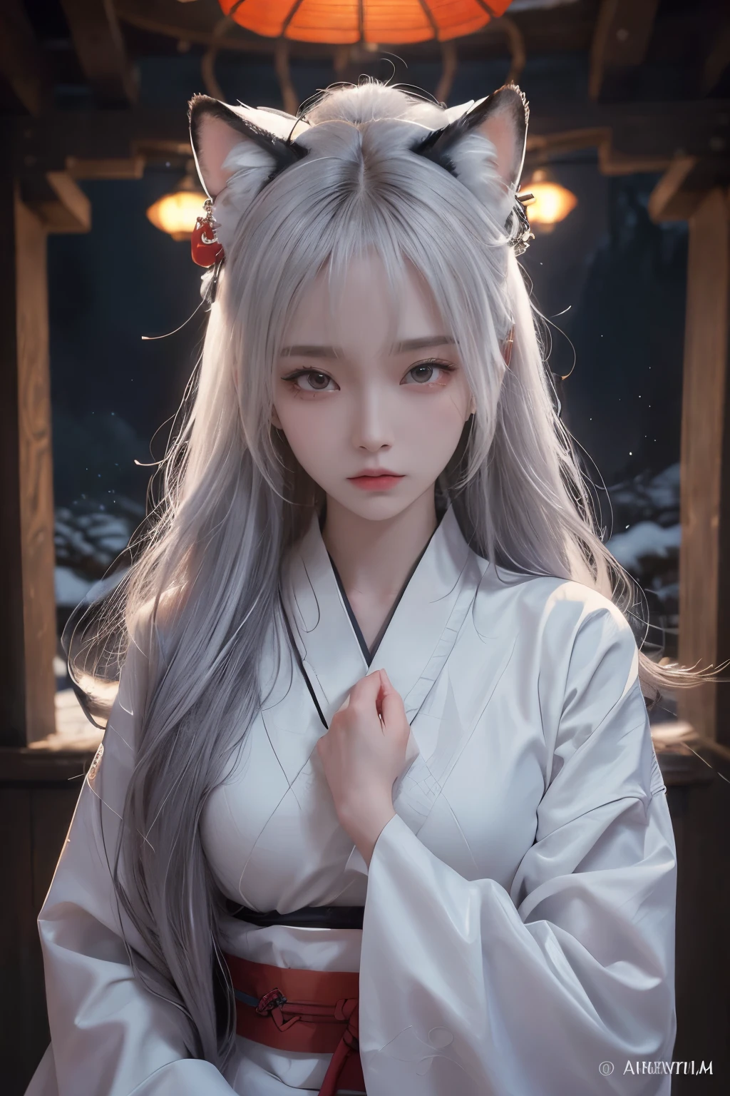 clothes only have white and black colour, samurai kimono, empty hand, white lotus,( cry), a character portrait, fantasy art, background a winter japan mountain shrine, cyberpunk a maiden with fox ears and fox tails, dark white and bold red color, natural lighting, fighting pose,​masterpiece, 1 beautiful girl, Detailed eye, Swollen eyes, top-quality, A high resolution, an Asian beauty, very extremely beautiful, Beautiful skins, A slender, Forward-facing body, (A hyper-realistic), (high resolution), (4K), (highly detailed),( Best Illustration), (beautifully detailed eyes), (ultra-detailed), Detailed face, Bright lighting, Professional Lighting, distance view, (Snow, winter:1.2), (lantern), ((samurai)),((long hair)),((cry)),((katana))
