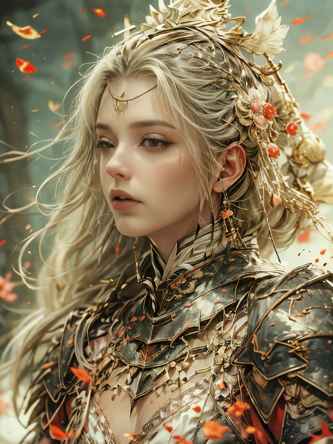 (8K, highest quality, masterpiece)，(Realistic, RAW Photos, Super Fine Clear), Realistic Light, Detailed skin, Beautiful woman, ((25-year-old female, knight:1.5)), Thin legs, fine grain, white long hair, Detailed fingers, thin, Sexual, Ecstasy facial expression, Super big , boucing firm bust, The chest part of the armor is wide open, Chest exposed, (deep scarlet armor), (peach, peach園, Flower storm), lakeside palace