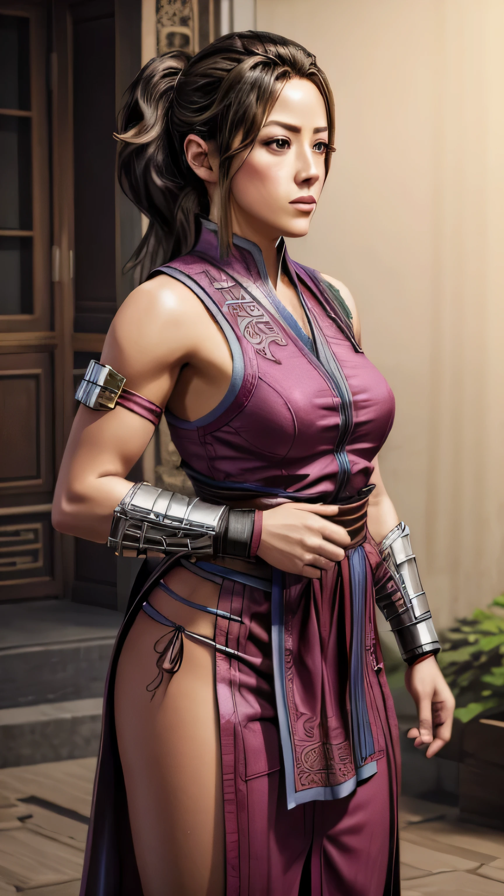 ((Chloe Bennet)) as Li Mei from Mortal Kombat, form-fitting light pink ninja outfit, sash, wrist guards, intricate Chinese culture patterns, hair tied back in a ponytail braid, hair ribbons, 1woman, solo, full body view, ((front view)), intricate, high detail, sharp focus, dramatic, photorealistic painting art by greg rutkowski