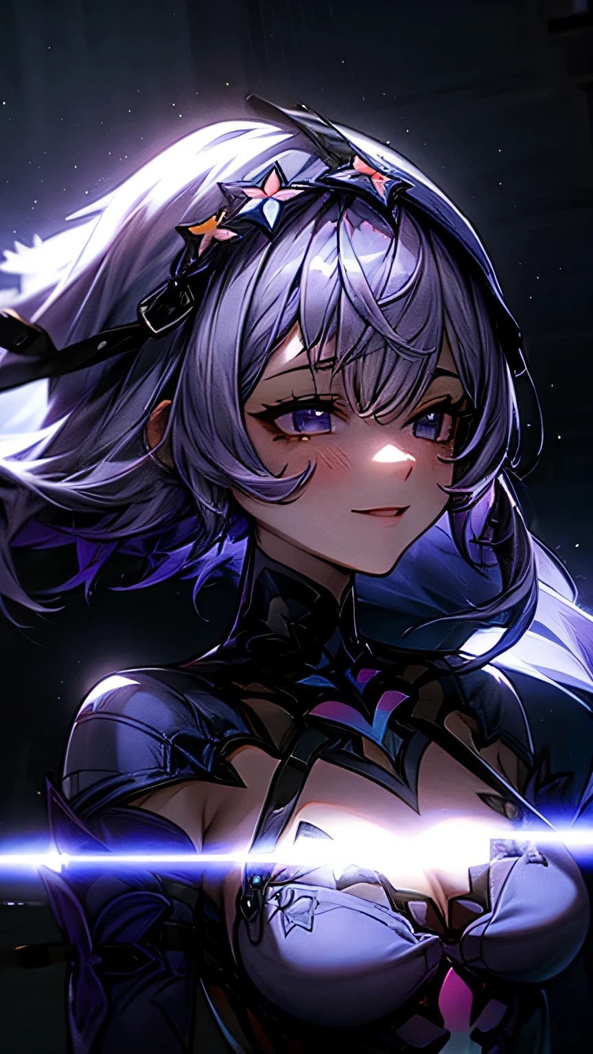 attraction, city, night, beautiful light, smile, purple light hair, one woman, light particle, black and white feather