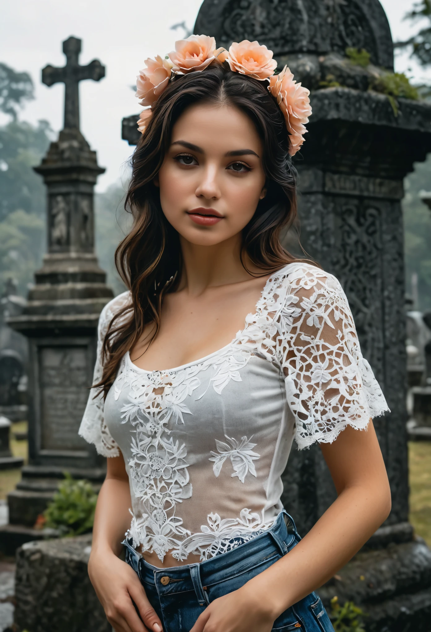 woman stands outside Mexico City cemetery, superimposed of white lace skeleton dancer ((Panteon de Dolores)), after a storm, shimmering skin, finest luxury, reflecting light on her, (she's standing outside in open Mexico cemetery, dia de muertos details, old moss covered monuments, cemetery statues)), most beautiful woman in Mexico, she's glistening with natural light glow, radiant skin , long black raven hair, (wearing tshirt, worn jeans, casual wear), paper ghost flower graphics, a stunning Mexican woman portrait, Her skin details, outside, (leaning old moss covered cemetery monument), (hyper-detailed fabric, concrete, (misty atmosphere:0.5, backlit), (highest quality fabric texture), modern clothes with accent highlights, film quality, puddles on ground (ultra-realistic ,soft accent light, gorgeous Rembrandt style lighting, (Rembrandt patch)), (highest quality wet fabric texture), matte fabrics, Her hair, ultra-realistic, adorned, a world of passion and grief. sadness Finely detailed,(Fine-grained), (highest detail skin texture peach-fuzz earlobe realistic,) ○○ res – ultra high high resolution , very high texture (highlights resolution), Photorealistic hands and fingers – (photorealistic beautiful) ,8K,extreme detail, close and intimate, she looks to camera, haunting dark jeans, perfect eyelash detail, round pupils, hazel eye, teasing, Her perfectly sculpted lips, lifelike, highly real natural lips. she is a, Vermeer, a work of art, enticing. indulge in desires .solo woman, (highest quality fabric texture), light hair, every detail,Fine facial features, Masterpiece – Masterpiece ○○ quality – (Highest Quality) ,Leica film, High quality ○○ detailed – ○○ details ultra detailed(Ultra-fine ), Photorealistic, Extremely detailed(Extremely detailed) , Finely detailed, (highest detail)○○ res – ○○ resolution ultra high res(A high resolution)