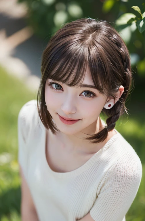 ​masterpiece、best qualtiy、超A high resolution、(photographrealistic:1.4)、((1girl in、Delicate skin:1.4、Cowboy Shot、From  above、Look up at your audience、24 year old、spotless、cute little、A dark-haired、bobhair、Braids、Colossal tits))、(Sweaters)、(a smile、Happiness、Joy、jolly、closes mouth)、long neck、(((short hair with bangs)))、Lashes、Big eyes、((Very beautiful、Very beautiful))、(((natural soft light、Put your ears out、gazing at viewer、Entice your audience、Highlights in the eyes)))