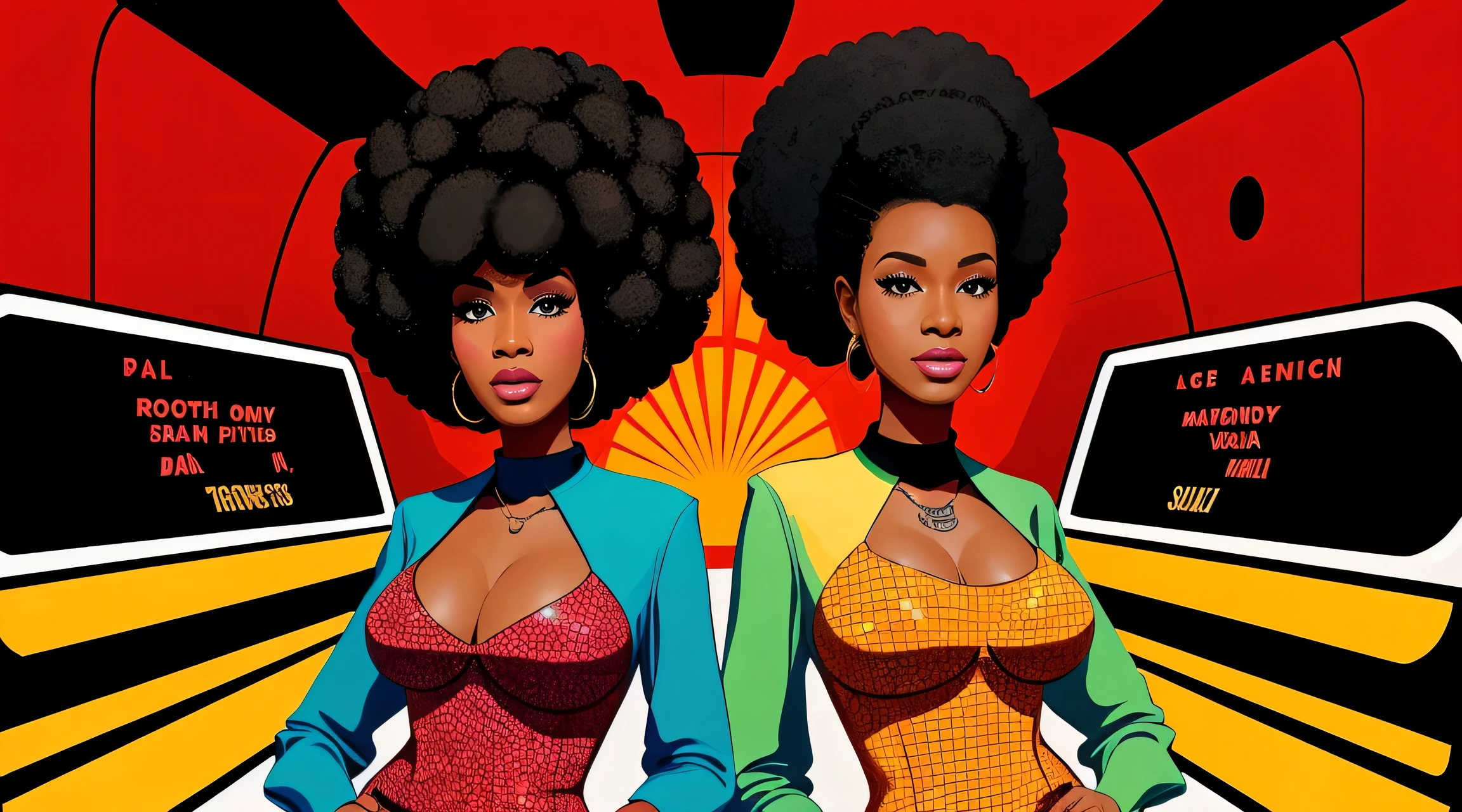 60's illustration style, inspired by the TV show "Soul Train", two black women, full body, wide shot, 60's black fashion, mirror ball, style digital painting, digital illustration, Berkeley Hendrix, Digital Art Illustration, Digital Painting Style, Stylized Digital Illustration, Glossy Digital Painting, Big Afro, Digital Illustration - Red Afro, #1 Digital Painting of All Time