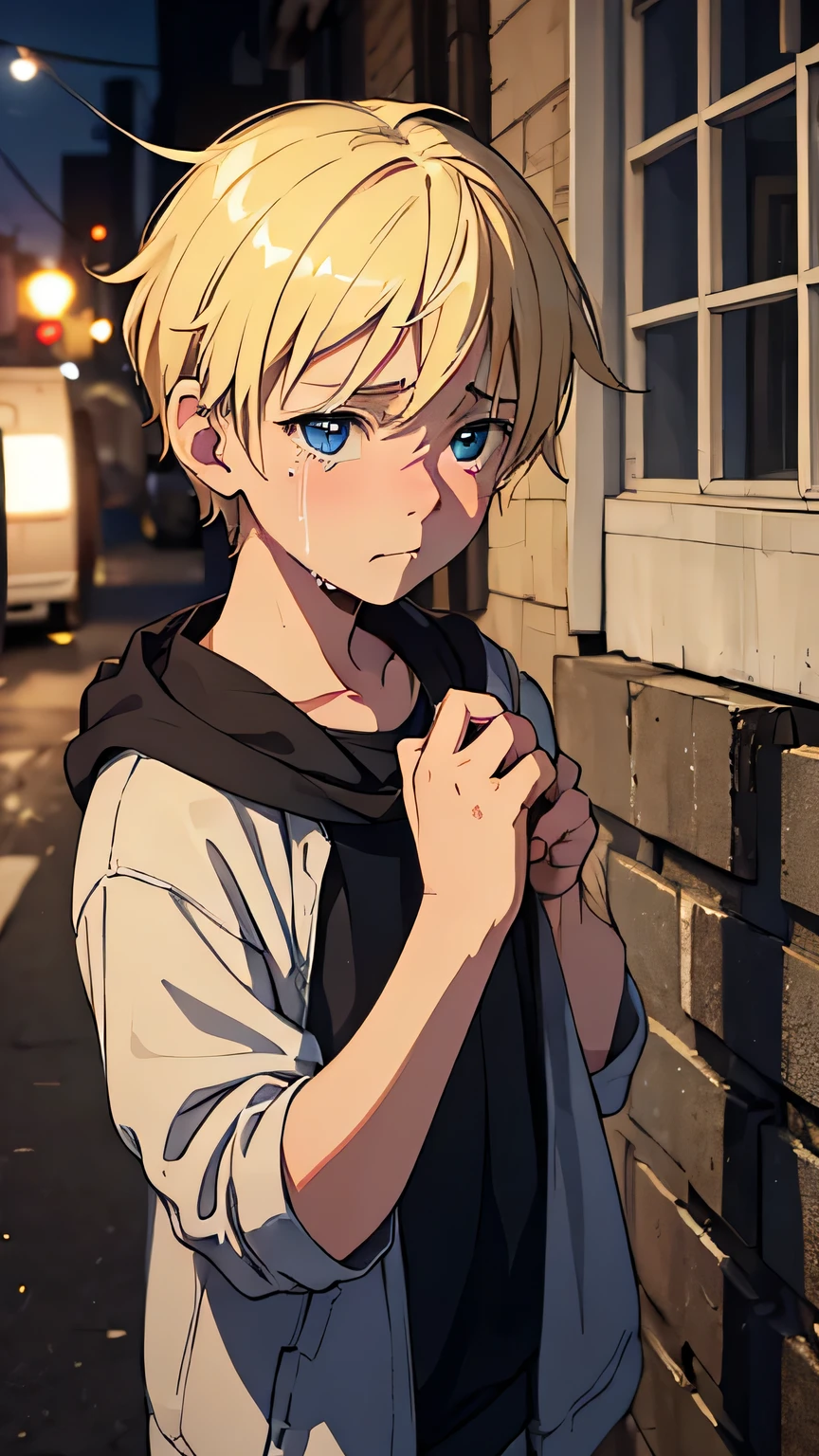 (a poor young boy,blond hair,blue eyes,hungry,on the street,teary-eyed,scared),[homeless],[dirty clothes],[run-down environment],[sobbing quietly],[shivering with cold],[desolate landscape],[emotionally vulnerable],[hopelessness],[soft natural lighting],[realistic],[documentary photography]