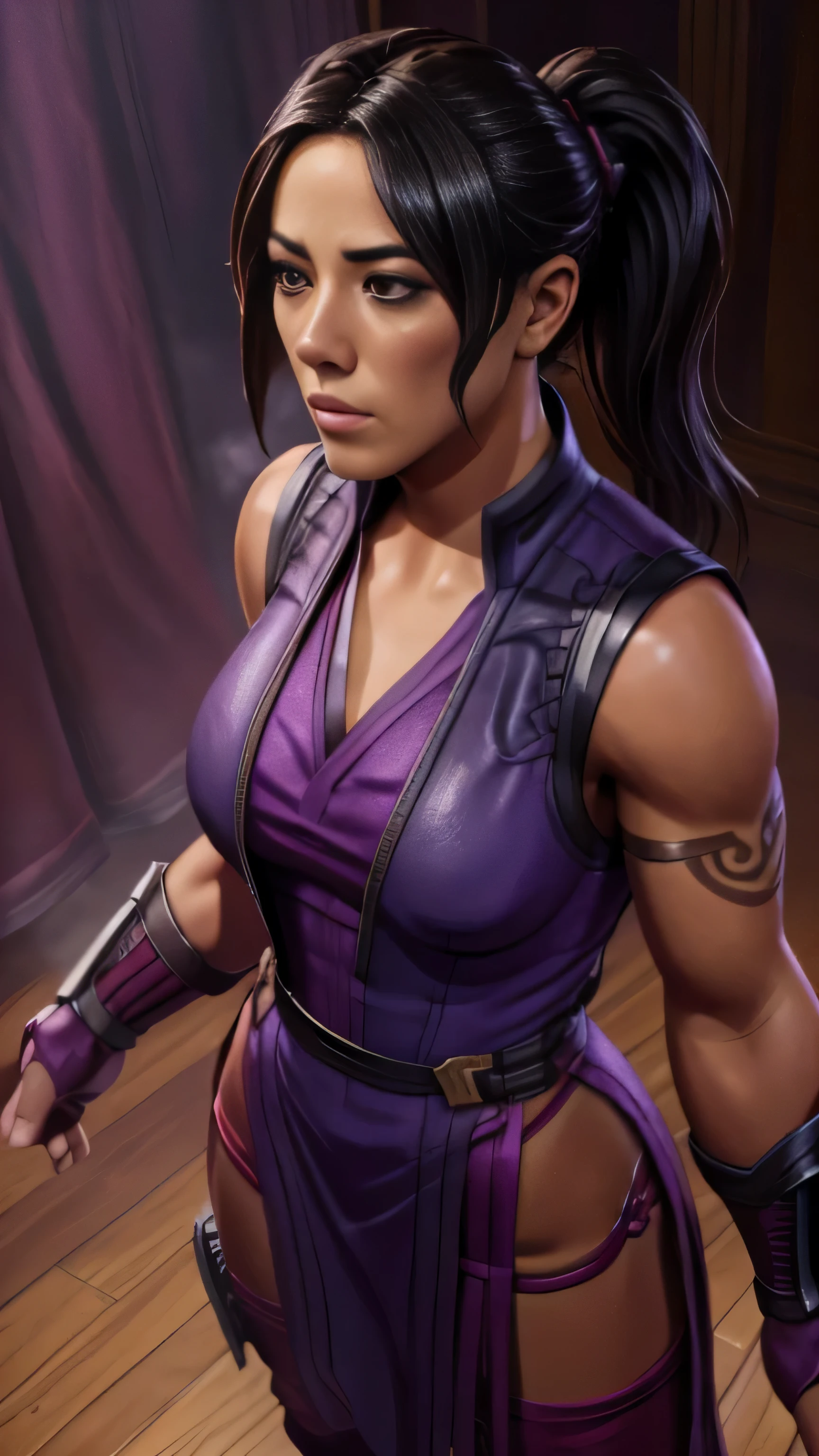 ((Chloe Bennet)) as Li Mei from Mortal Kombat, black hair, brown eyes, ponytail, shoulder tattoo, purple dress, vest, gauntlets, red pants, pelvic curtain, 1woman, solo, full body view, front view, looking at viewer, intricate, high detail, sharp focus, dramatic, photorealistic painting art by greg rutkowski