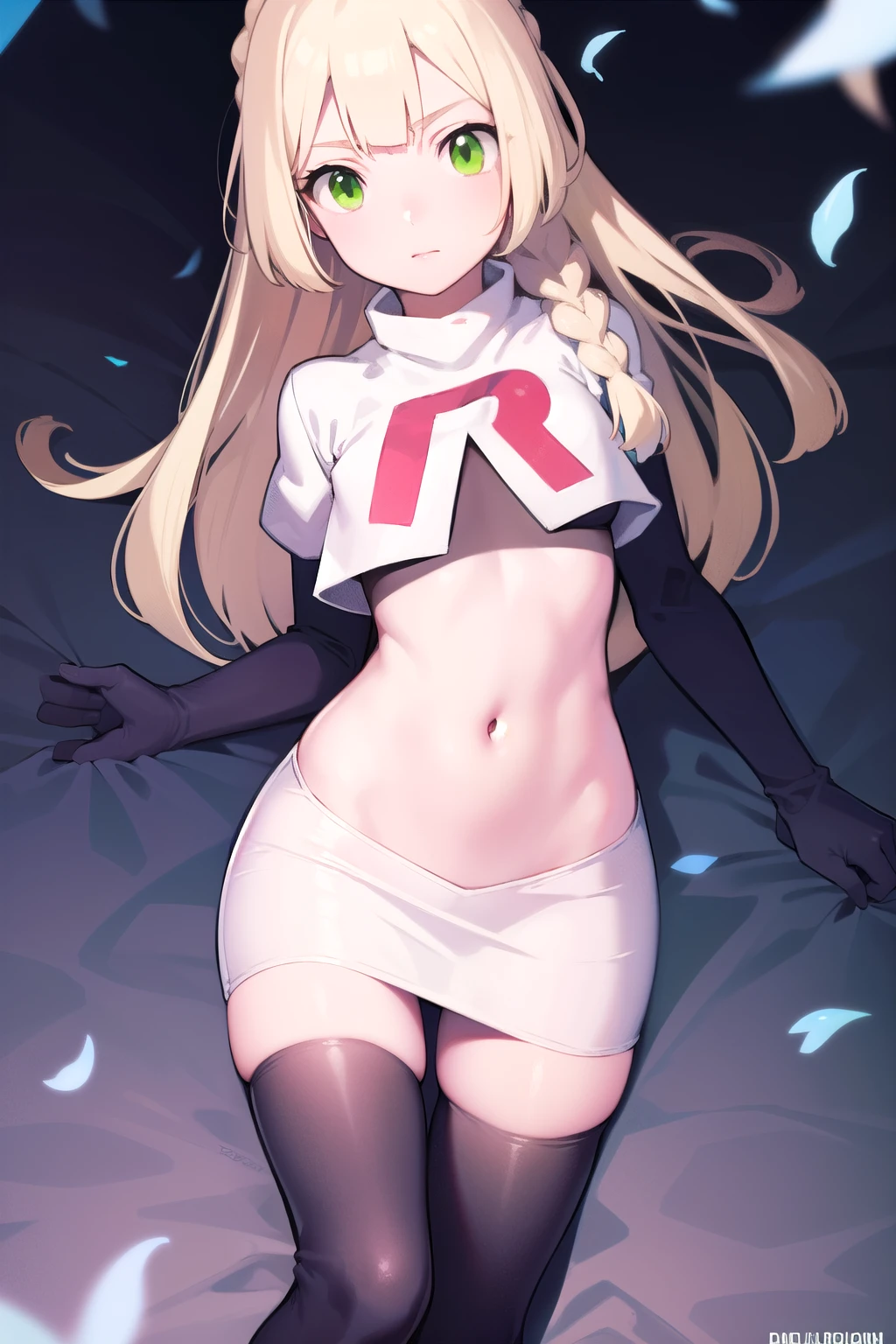 pokemonlilie, pokemonlilie, blonde hair, blunt bangs, (green eyes:1.5), long hair, (small breasts:1.2),
BREAK braid, twin braids, team rocket,team rocket uniform,white skirt,red letter R,crop top,black thigh-highs,black elbow gloves
BREAK looking at viewer,
BREAK (masterpiece:1.2), best quality, high resolution, unity 8k wallpaper, (illustration:0.8), (beautiful detailed eyes:1.6), extremely detailed face, perfect lighting, extremely detailed CG, (perfect hands, perfect anatomy),