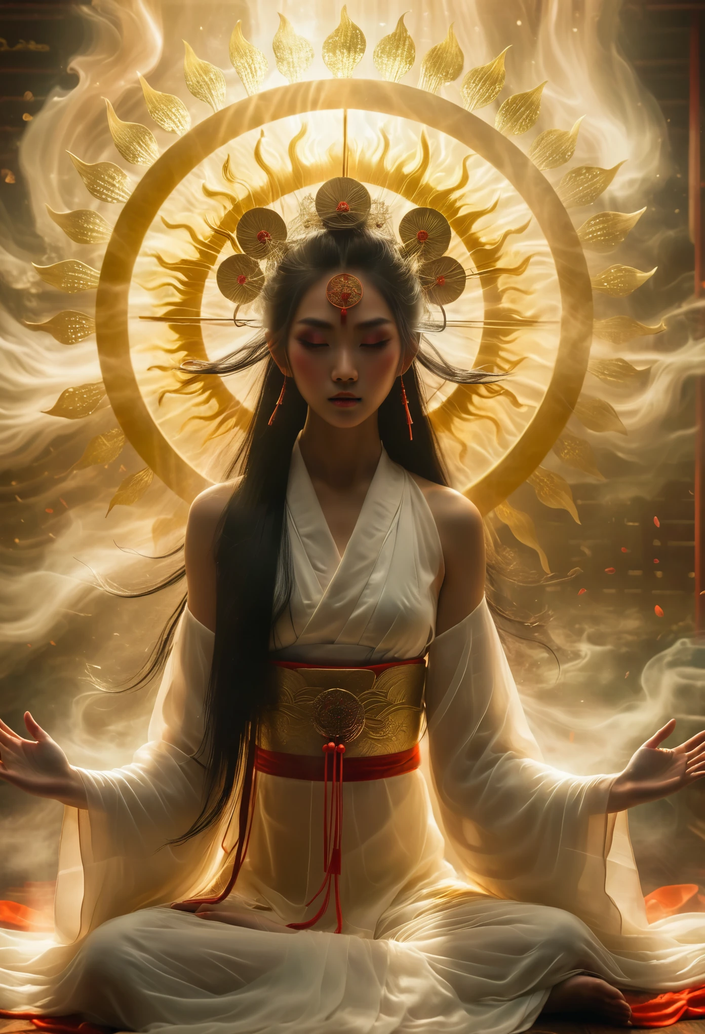 Amaterasu Photography, Shrouded in a magical atmosphere，A fusion of Japanese mythology, surrealism and ethereal elements. This high-resolution photo captures the divine beauty of Amaterasu, Sun Goddess,  Exudes a divine light. The scene exudes a sense of magic and wonder, Leading the audience into a realm where myth and imagination are seamlessly intertwined, Creating a visually captivating blend of reality and the supernatural,xianxia，blingbling，Motion blurred， Movie-level lighting effects，close up，detailed face，jade