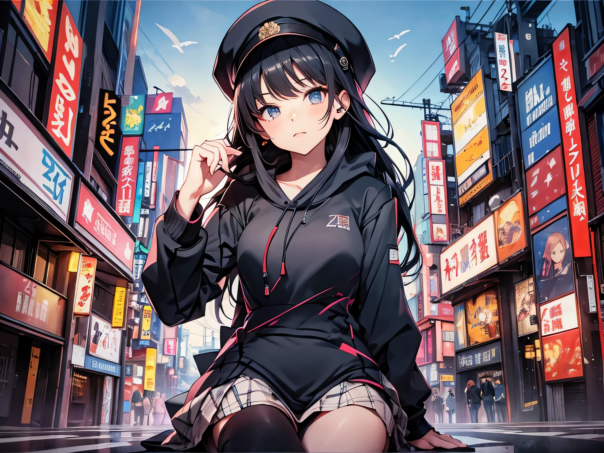 最high quality、best image quality、masterpiece、teenage girl((18-year-old、 By becoming、vest bust、medium bust,wide open breast tea、black eye, black hair、long hair、thin,highest valley、black hoodie(2:3),White skirt、sit、open the thighs、cute blue hat、slouch)),high quality、beautiful art、background((City of night、Japan)),debris flies、Depth of written boundary、movie、visual art、perfect art、8K,genuine