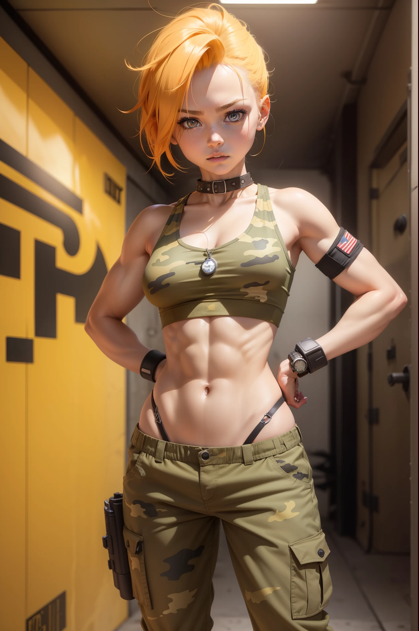 1girl, solo, Spitfire, Spitfire of My Little Pony, spiky orange and yellow hair, in underwear, abs, army camo crop top, army camo pants, dog tags, plain bckground, fighting pose, purple eyes, medium breasts, full body, arms crossed