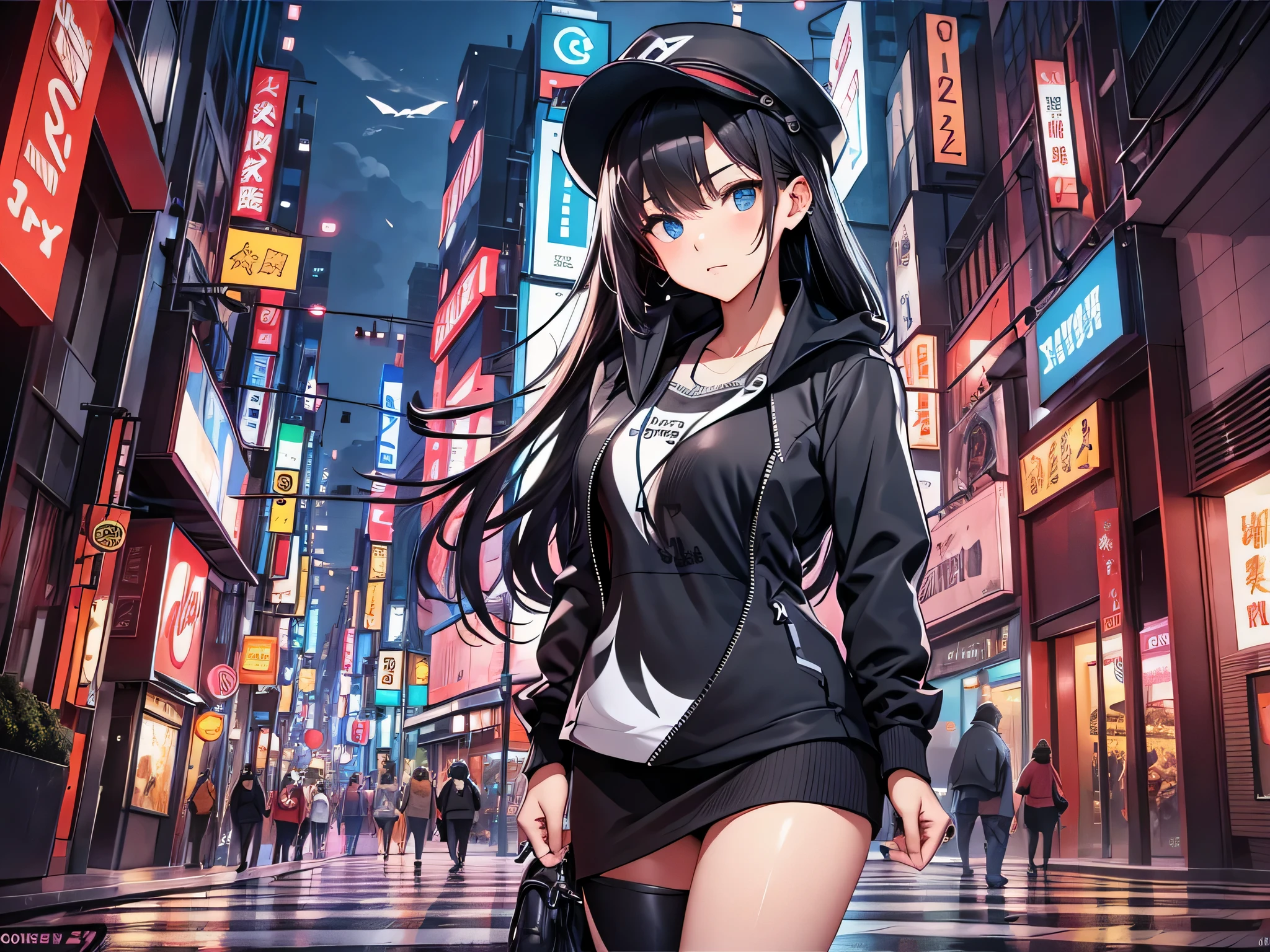 最high quality、best image quality、masterpiece、teenage girl((18-year-old、 By becoming、vest bust、medium bust,wide open breast tea、black eye, black hair、long hair、thin,highest valley、black hoodie(2:3),White skirt、sit、open the thighs、cute blue hat、slouch)),high quality、beautiful art、background((City of night、Japan)),debris flies、Depth of written boundary、movie、visual art、perfect art、8K,genuine