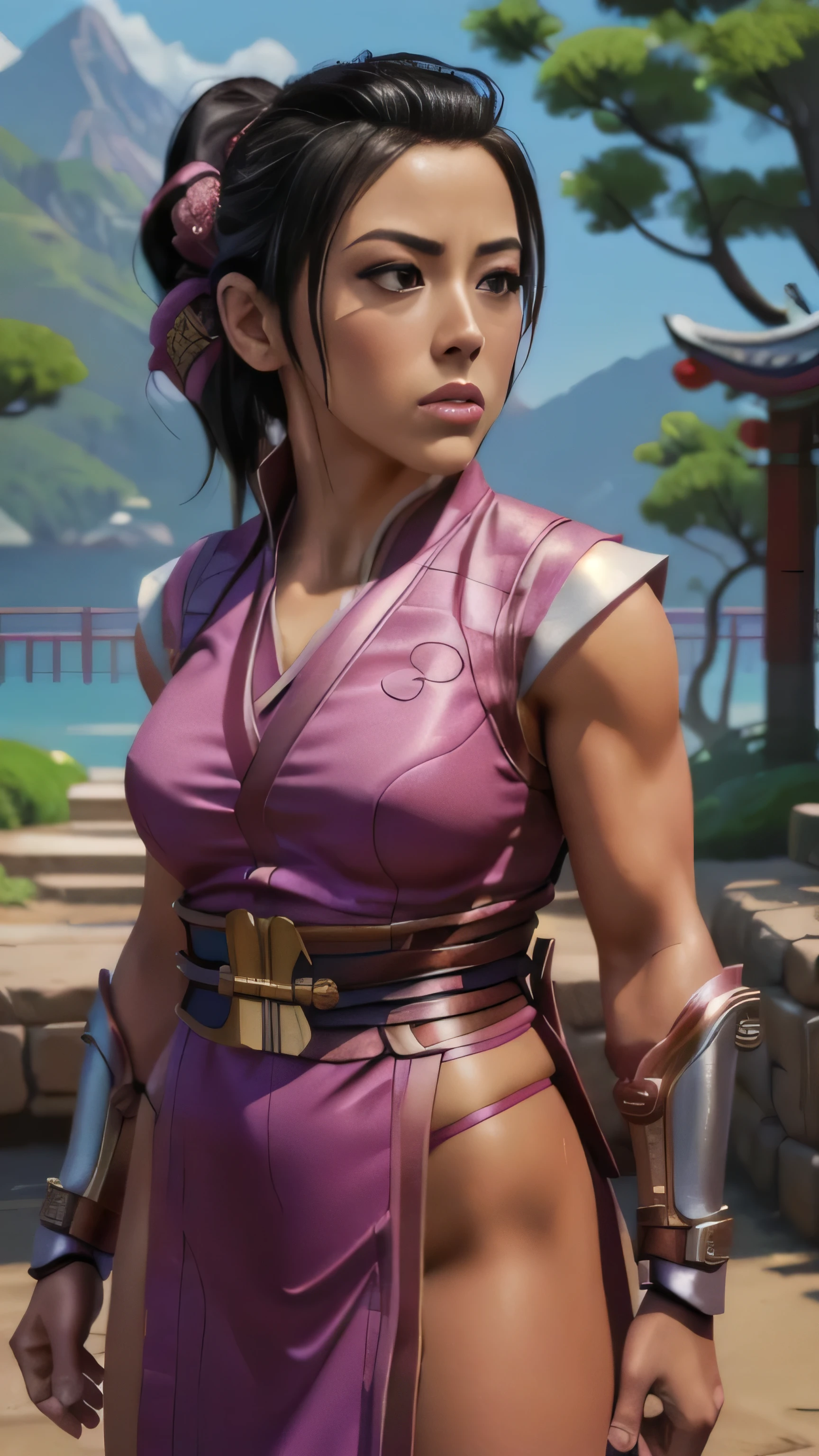 ((Chloe Bennet)) as LiMei from Mortal Kombat, form-fitting light pink ninja outfit, sash, wrist guards, intricate Chinese culture patterns, hair tied back in a ponytail braid, hair ribbons, 1woman, solo, full body view, front view, intricate, high detail, sharp focus, dramatic, photorealistic painting art by greg rutkowski