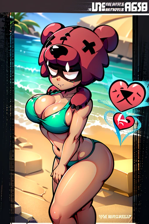 Uma garota na praia, no universo de Brawl Stars, passando protetor solar, com um bikini cor de rosa com bolinhas pretas, num dia ensolarado e tendo peitos grandes