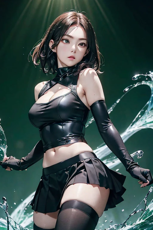 (Finest quality)),(超A high resolution),(ultra-detailled art),(Meticulous portrayal),((Best Anime)),(Finest works of art),sharpness,Clair,Ultra-Precision Art,The art of astounding depiction, (Female Ninja in the Dark:1.3), red vibrant hair, extremely detailed hair, short hair, bangs, beautiful eyes, detailed eyes, perfect eyes, double eyelid, green eyes, beautiful lips, soft lips, clear skin, soft skin, ninja outfit, black outfit, black clothing, looking at camera, pretty face, close up face, ninja armor, female ninja suit, reveal shoulders, small breasts, slight cleavage only, korean girl, korean beauty, big water splash behind, water behind, big water waves, green aura, sparkling green glow, green glowing lights, green background lightings, many green lights behind, healing aura, water power, water bender, armoured bra, bra suit, detailed face, fighting stance, serious face, slim body, ninja pose, attack pose, beautiful hands, perfect hands, detailed hands, water shark, mini skirt, black skirt, detailed skirt, safety shorts under the skirt, with black shorts inside the skirt, utility belt, leg bag, thigh-high socks, black thigh high socks, show navel, glowing fist, black combat suit, fighting pose, holding her breasts