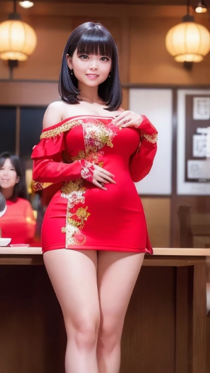 ((NSFW)),1 girl、Bob hair with bangs、Black Hair、A very pretty girl looked at me and smiled..、、19 years old、She's slim but has big breasts、Healthy Thighs、Red off-shoulder mini skirt Chinese dress、A Chinese dress with very delicate embroidery、At a Chinese restaurant、A clerk at a Chinese restaurant、Anatomically correct、Accurate limbs、Precise fingertips、Photorealism,White lace panties