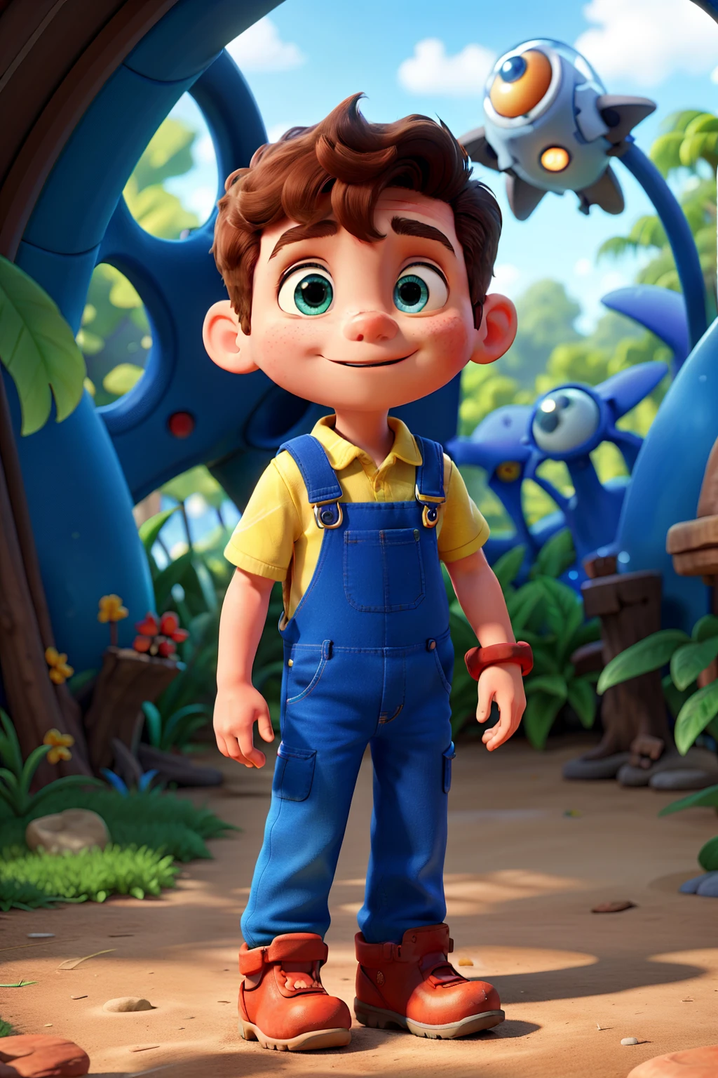 In the heart of the Exploration Station environment, a pre-school animated series filled with excitement and wonder, a young character dressed in a blue overalls and red boots, stands in awe. Surrounded by lush greenery and 3D structures, he gazes at a shining spaceship, its Disney Style lighting reflecting on the glossy surfaces. The rustling leaves and gentle breeze create a tranquil melody, intertwining with the soft hum of the spaceship's engines. The boy's wide eyes mirror his curiosity and dreams of bold adventures among the stars.
