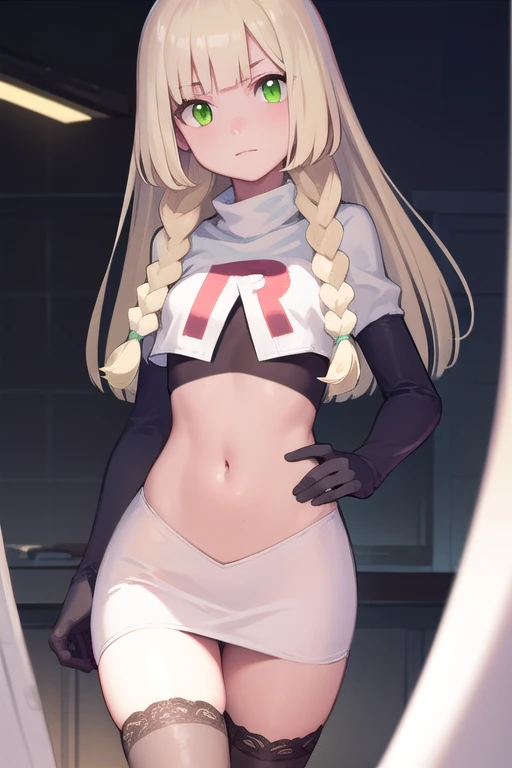 pokemonlilie, pokemonlilie, blonde hair, blunt bangs, (green eyes:1.5), long hair, (small breasts:1.2),
BREAK braid, twin braids, team rocket,team rocket uniform,white skirt,red letter R,crop top,black thigh-highs,black elbow gloves
BREAK looking at viewer,
BREAK (masterpiece:1.2), best quality, high resolution, unity 8k wallpaper, (illustration:0.8), (beautiful detailed eyes:1.6), extremely detailed face, perfect lighting, extremely detailed CG, (perfect hands, perfect anatomy),