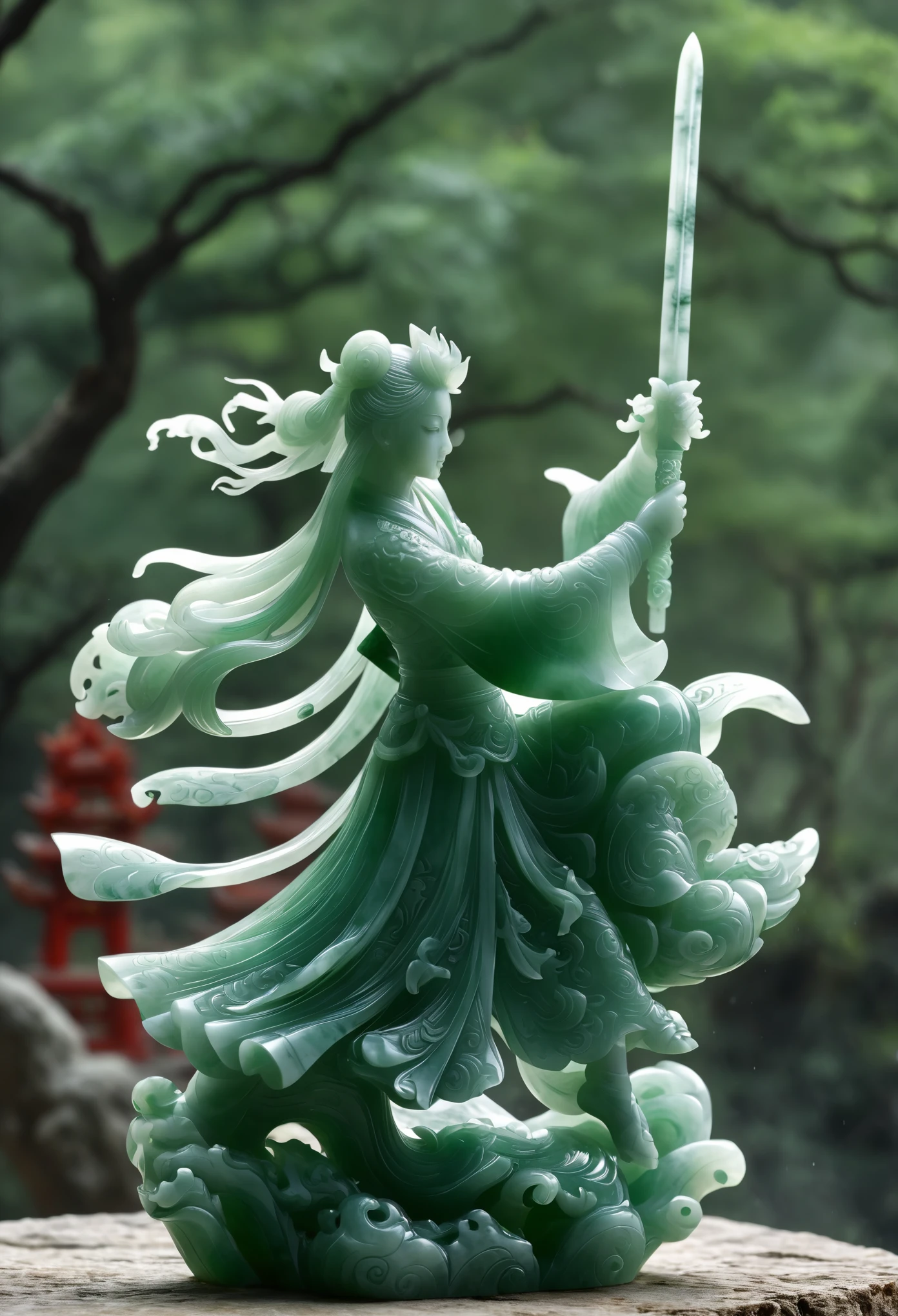 Jade carving crafts， 1 girl,  whole body, Start-up.Female swordsman，Horizontal Sword，Hold the hilt of the sword