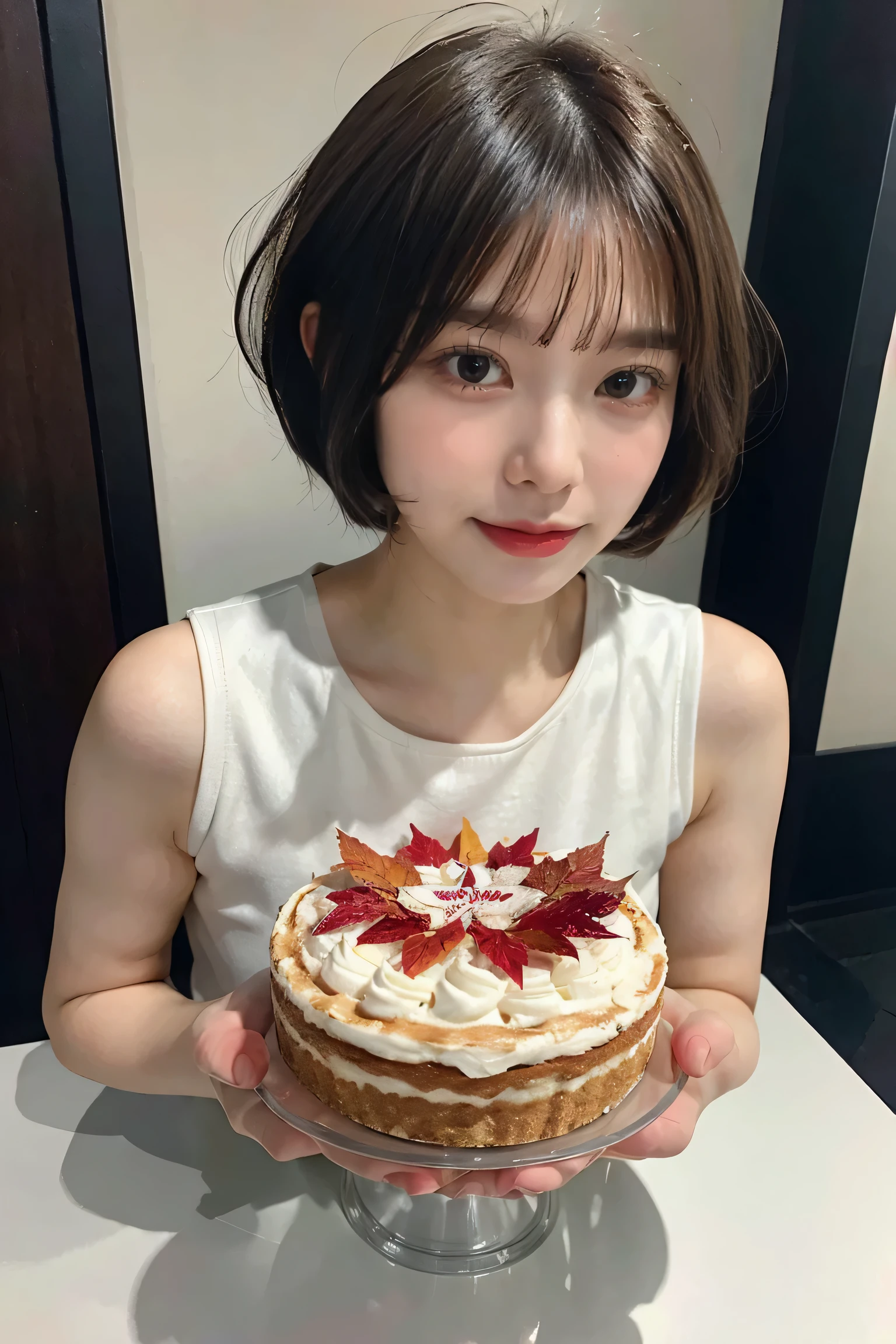 (masterpiece, best quality, 8k, RAW photo, beautiful and aesthetic:1.2),complex detail,ultra-detailed,(realistic skin), (((full body is in the frame))),A fifty-year-old girl eating cake with a fork, Short hair, Hime cut, Chiho, 🍁 cute, Cute Hairstyles, sakimichan, shikamimi, sakimi chan, 🍂 cute, Neat hairstyle with bangs, Cute Hairstyles, Short hair with bangs, Yoshitomo Nara