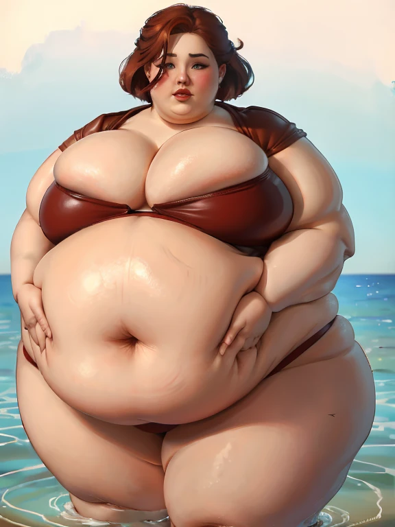 Fat pregnant triss merigold, red lipstick, eyeshadow, blushing, embarrassed, big cheeks, leather bikini, Big lips, double chin, chubby body,bbw, morbidly obese, pregnant belly, belly rub, onsen