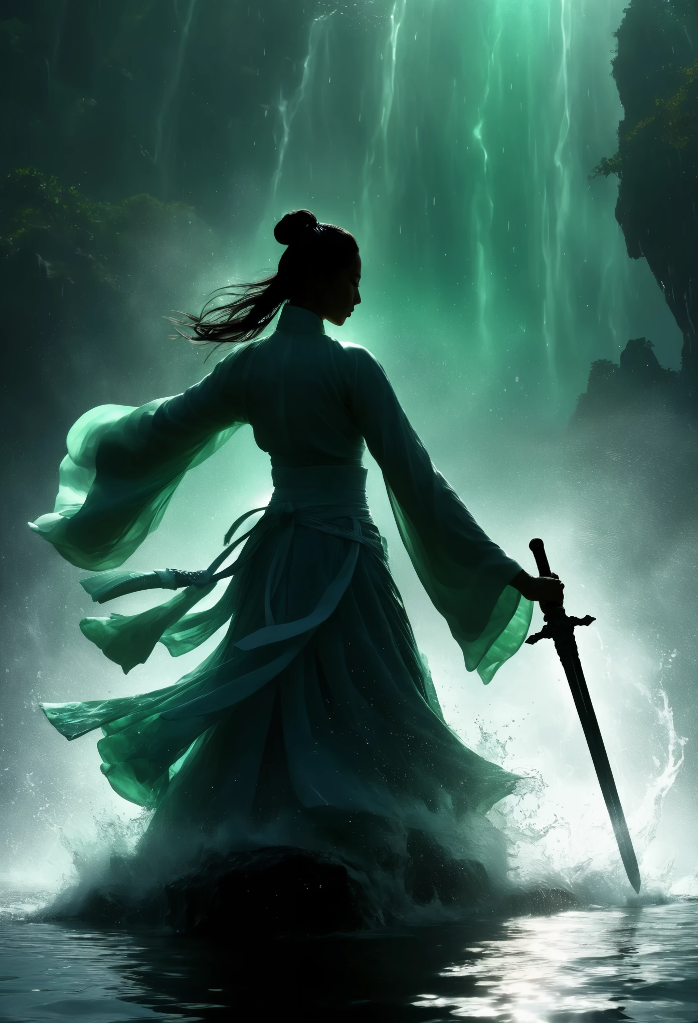 (Heroine dancing sword silhouette:1.5),Anatomically correct，Glowing sword,(moving posture),Hold the hilt of a sword in your hand，1sword，solo，on the lake，high contrast, movie lighting, Enigmatic Atmosphere,， corrugation，(Splashing water;1.4)，a moon，Motion Blur，swordsman，Kungfu，Black silhouette，Glowing jade blade，