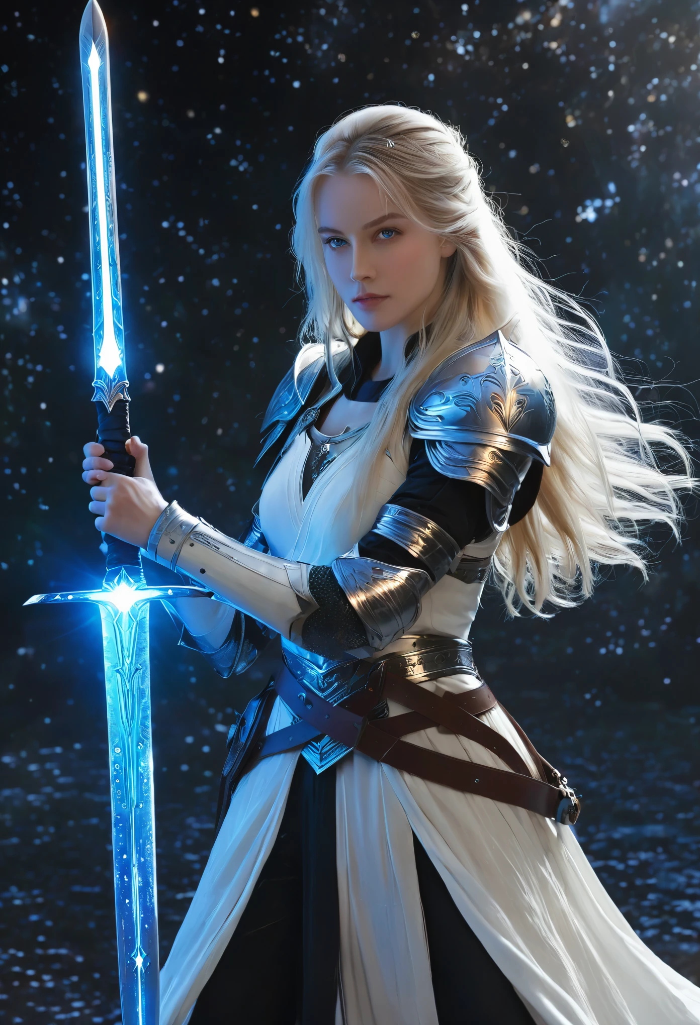 1beautiful girl, solo，female swordman，Transparent armor，Starlight，White long hair，Blue Eyes，Hold the hilt of a sword in your hand，The galaxy glows on the blade ，front view, fullbody， ((Best quality)), ((Masterpiece)), ((Realistic))，UHD，