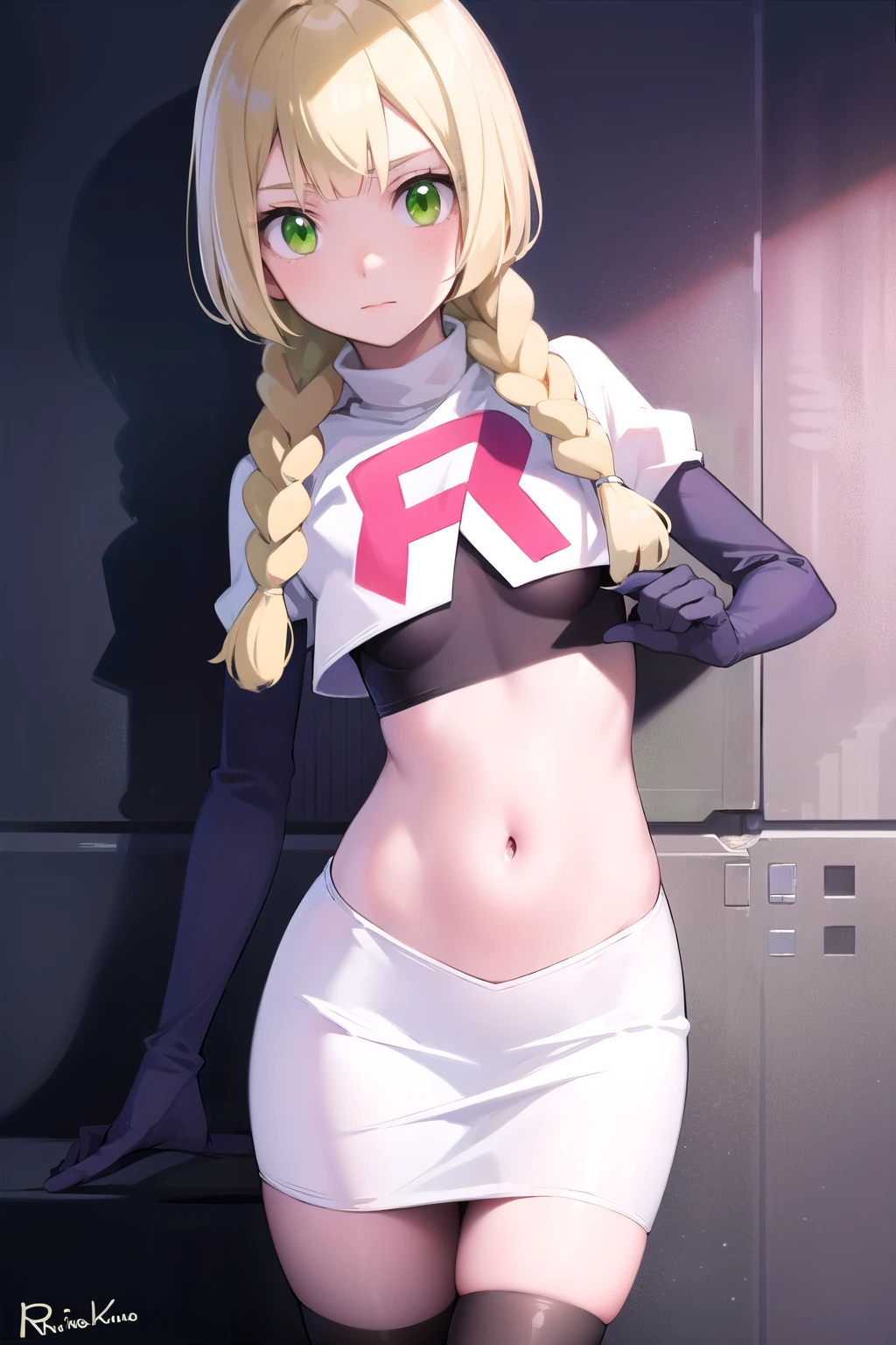 pokemonlilie, pokemonlilie, blonde hair, blunt bangs, (green eyes:1.5), long hair, (small breasts:1.2),
BREAK braid, twin braids, team rocket,team rocket uniform,white skirt,red letter R,crop top,black thigh-highs,black elbow gloves
BREAK looking at viewer,
BREAK (masterpiece:1.2), best quality, high resolution, unity 8k wallpaper, (illustration:0.8), (beautiful detailed eyes:1.6), extremely detailed face, perfect lighting, extremely detailed CG, (perfect hands, perfect anatomy),