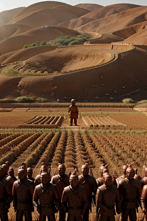 Field of wheat in sunshine, (Chinese terracotta army) (ancient soldier mannikins, in formation), (made of red clay, oven-fired)