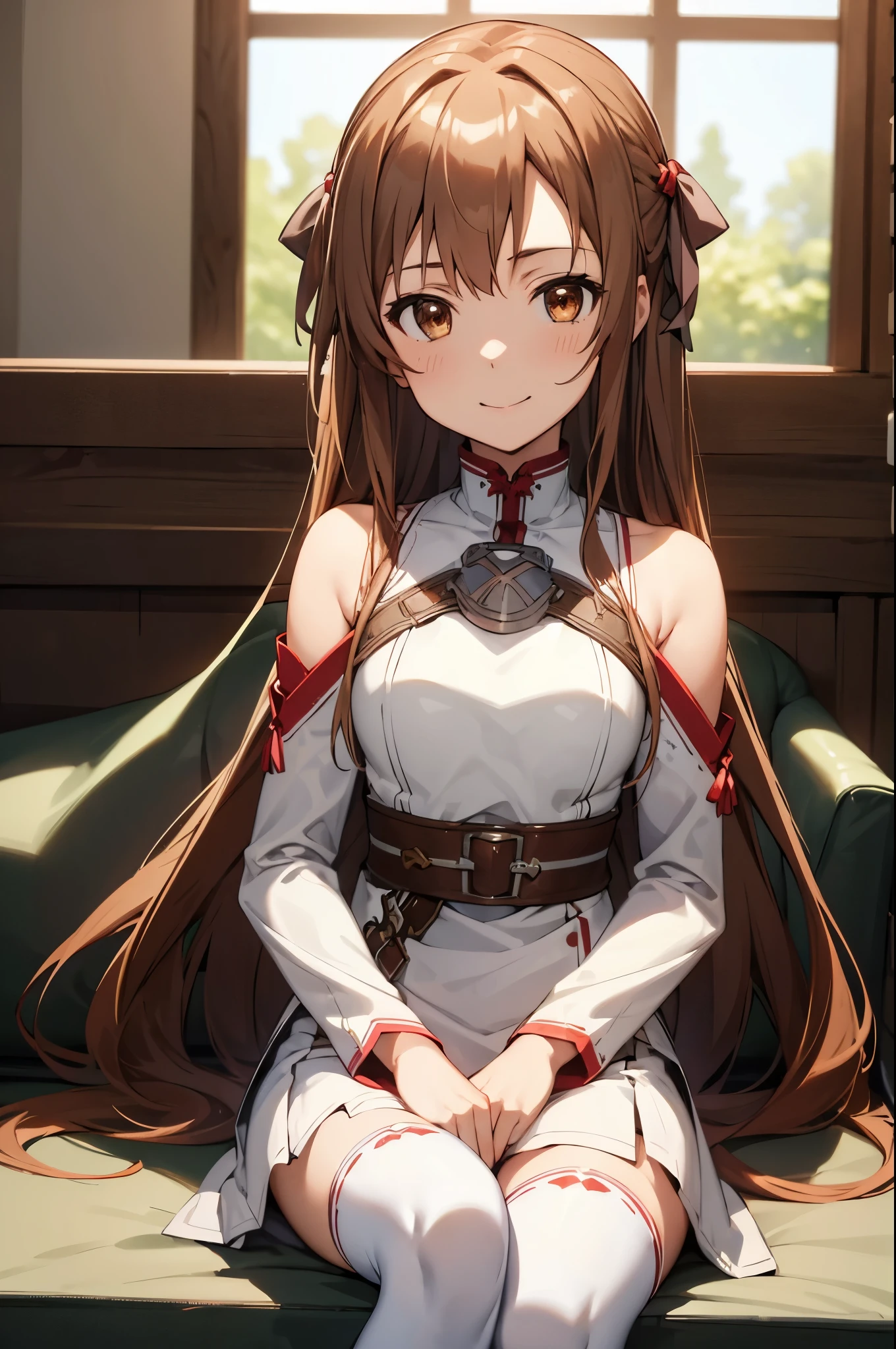 (masterpiece, best quality:1.2), expressive eyes, perfect face, highres, 1girl, solo, ddasuna, long hair, brown hair, hair ribbon, brown eyes, bare shoulders, white armor, armored dress, detached sleeves, white gloves, white thighhighs, smiling, sitting, portrait, looking at the viewer