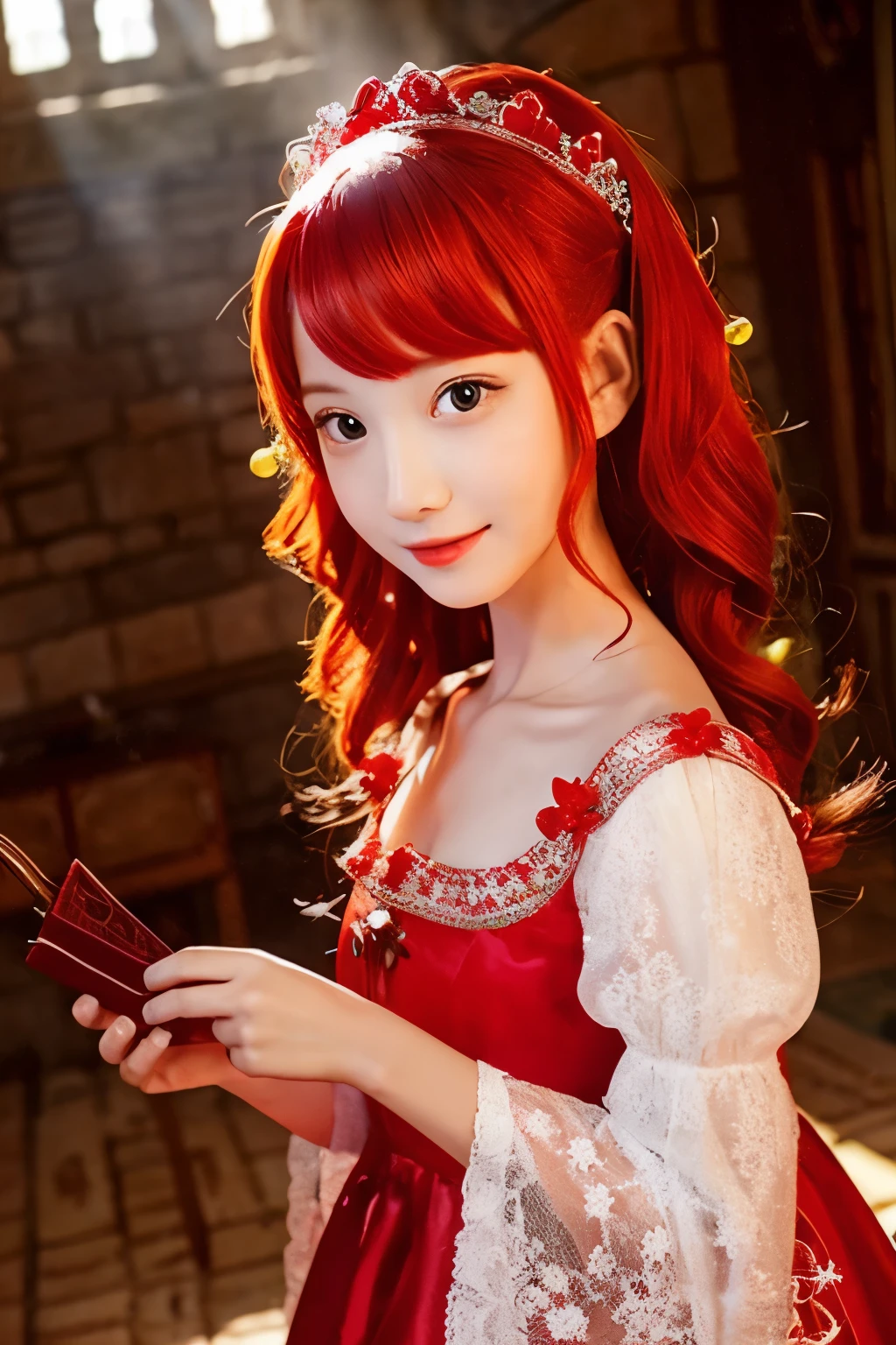 high quality、one person、cute、Red Hair、long、dress、Surprise expression、Castle、African