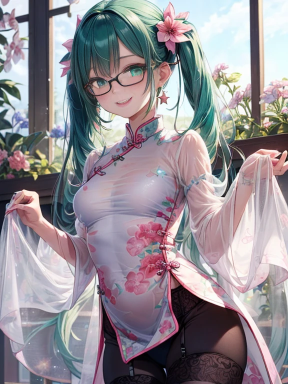 小さなgirl、Small breasts、The arrival of spring、Thick thighs、 (alone:1.5,)Very detailed,Bright colors, Very beautiful detailed anime faces and eyes, Look straight ahead, ;d, Shiny_skin,girl, ((Silver long hair,The inner color is red 、Forehead is exposed.、Green Eyes、Glasses、Shiny hair, Delicate beautiful face, blush、(Turquoise Eyes), White skin, Valletta, Earrings,、blue flower field、(((Star pattern pink、See-through、Long China Clothing、Black bloomers)))、Twin tails、smile、smile、Face dyed red、garter belt.Cowboy Shot