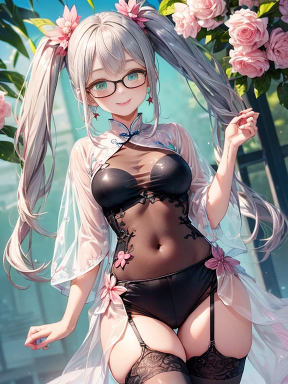 小さなgirl、Small breasts、The arrival of spring、Thick thighs、 (alone:1.5,)Very detailed,Bright colors, Very beautiful detailed anime faces and eyes, Look straight ahead, ;d, Shiny_skin,girl, ((Silver long hair,The inner color is red 、Forehead is exposed.、Green Eyes、Glasses、Shiny hair, Delicate beautiful face, blush、(Turquoise Eyes), White skin, Valletta, Earrings,、blue flower field、(((Star pattern pink、See-through、Long China Clothing、Black bloomers)))、Twin tails、smile、smile、Face dyed red、garter belt
