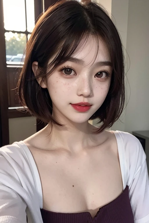 1 girl, 23 years old, south korean, idol, masterpiece, perfect face, soft skin, freckles under eyes, short whavy brown hair, bobhair, shining purple eyes, red eyeliners, red lips, smile, closed mouth, natural makeup, pearl hair clip, white top, sundown, soft lighting, closeup.