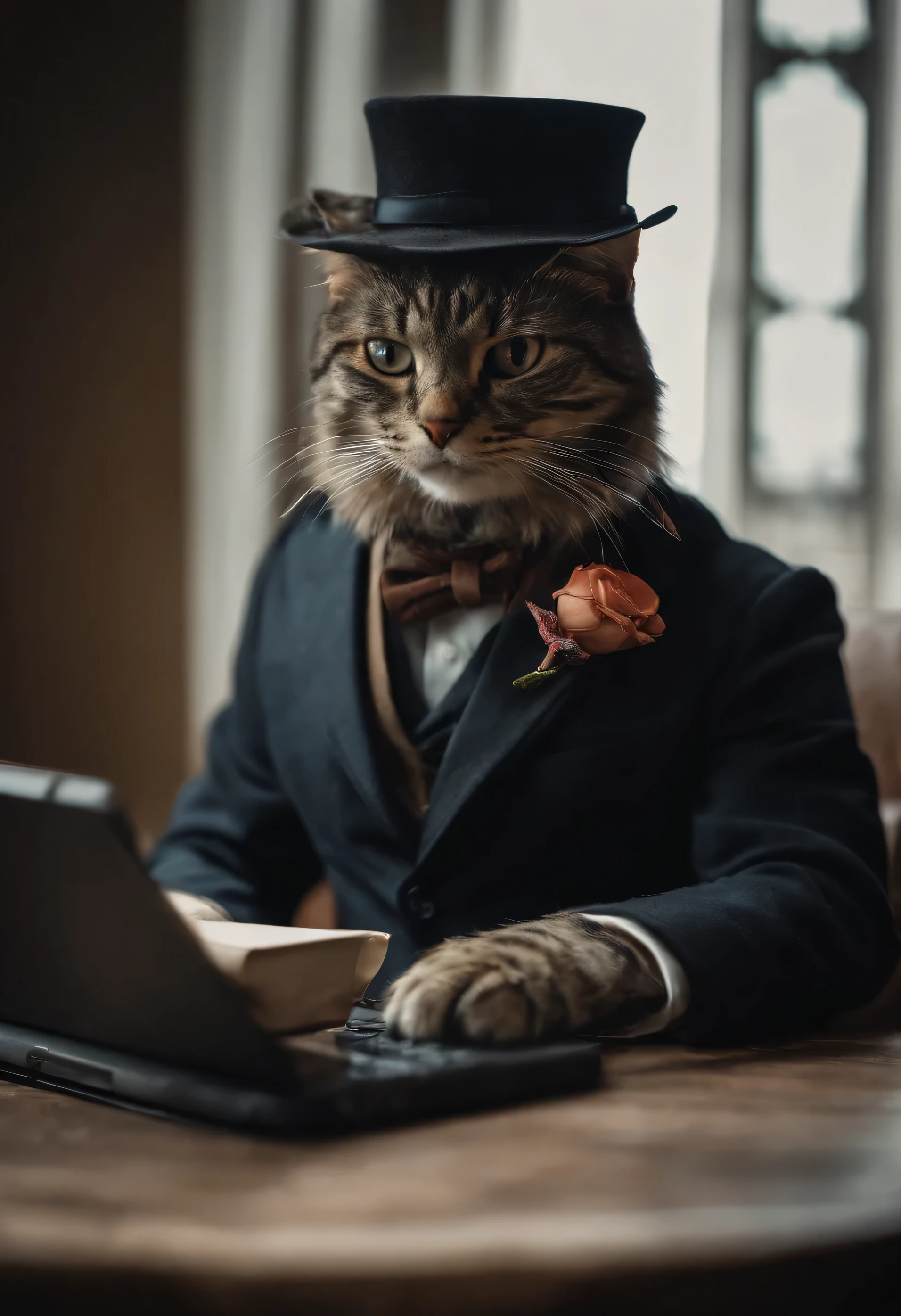 Photo of a cat wearing a hat and scarf, with criminal look like mafia boss hacker cyber crimes with several cloned cards on the table and his computer showing two screens that are hacking their victims. dressed in luxury clothes hyper-realistic detailed rendering, British gang member, estilo urbano, pose intimidante, planeta dos gatos, roupas da moda, urban samurai, Miau, West Slavic traits, 8 1 5
