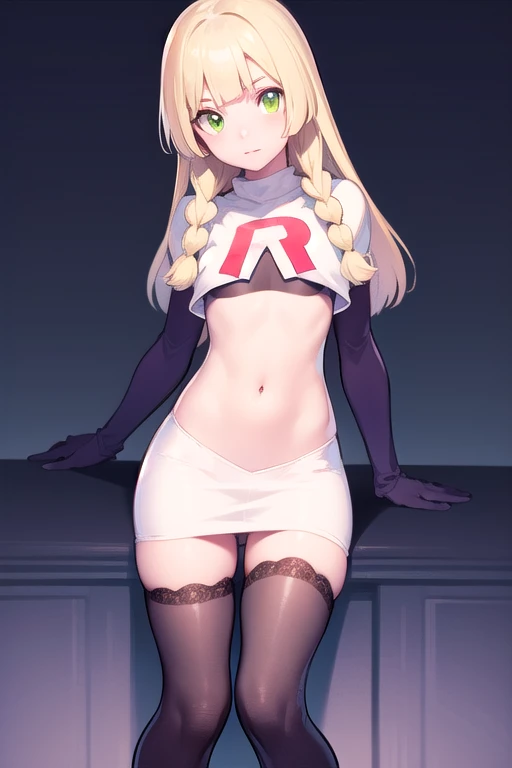 pokemonlilie, pokemonlilie, blonde hair, blunt bangs, (green eyes:1.5), long hair, (small breasts:1.2),
BREAK braid, twin braids, team rocket,team rocket uniform,white skirt,red letter R,crop top,black thigh-highs,black elbow gloves
BREAK looking at viewer,
BREAK (masterpiece:1.2), best quality, high resolution, unity 8k wallpaper, (illustration:0.8), (beautiful detailed eyes:1.6), extremely detailed face, perfect lighting, extremely detailed CG, (perfect hands, perfect anatomy),