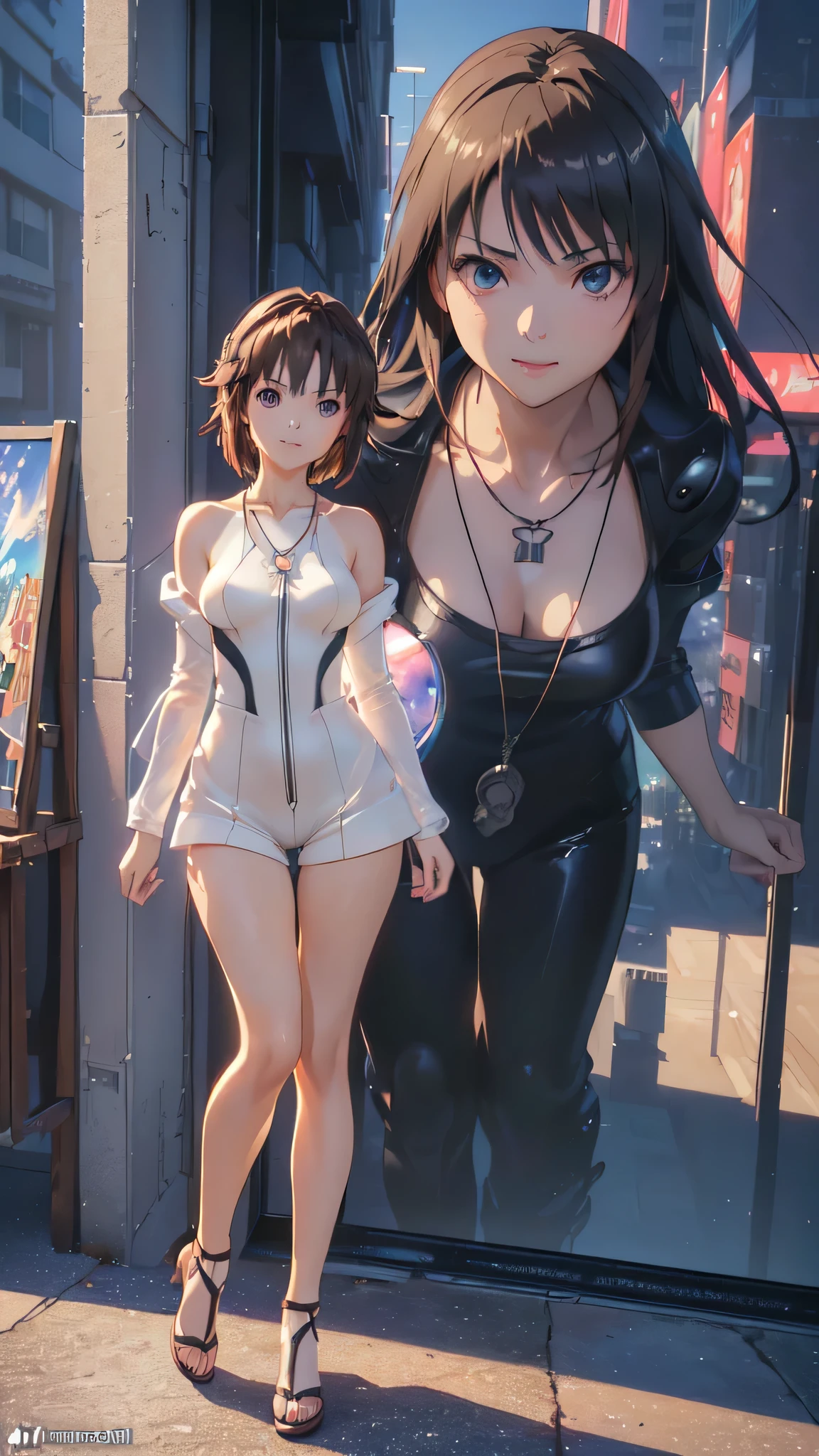 multiple girls, 3girls, standing, giantess art, highly detailed giantess shot, giantess, most detailed, perfect face, two legs, five fingers, short hair, beautiful girl bigger than a skyscraper, wearing rimless glasses, smiling, huge breasts, underwear, maid bikini, stiletto heels, under heavy attack, seaside metropolis, ocean, numerous miniature warships on the sea, very small metropolis, miniature metropolis, full body depiction, GTS, giga giantess gigagts,, trampling city, crush city, tiny city, micro city, high resolution, best quality, masterpiece,