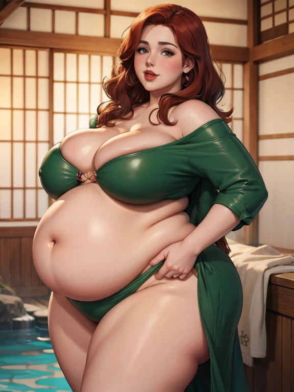 Fat pregnant triss merigold, red lipstick, eyeshadow, blushing, embarrassed, big cheeks, leather bikini, Big lips, double chin, chubby body,bbw, morbidly obese, pregnant belly, belly rub, onsen